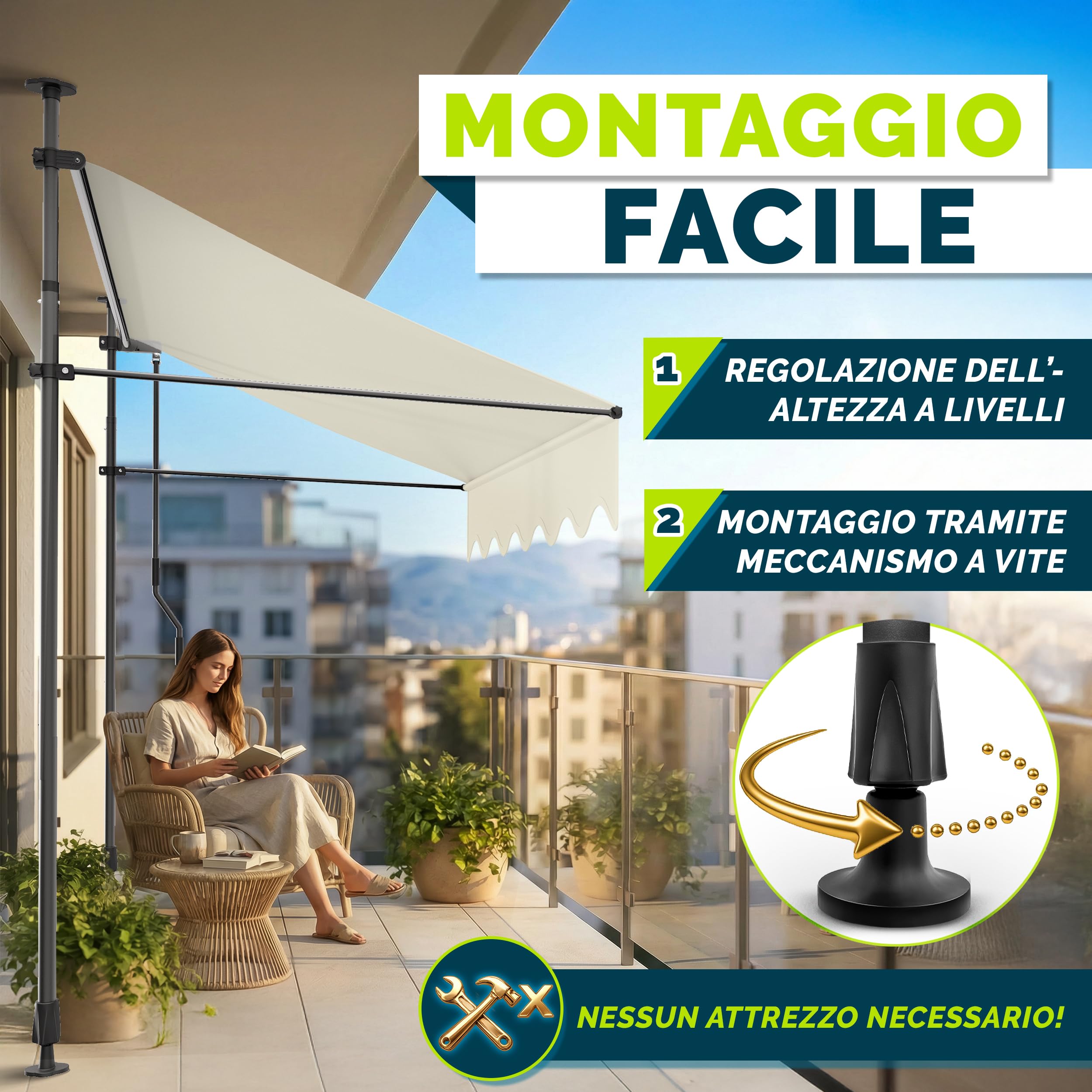 Tillvex Tenda da Sole a Bracci con Manovella 150cm Sabbia Protezione Balcone Regolabile Senza Forare UV