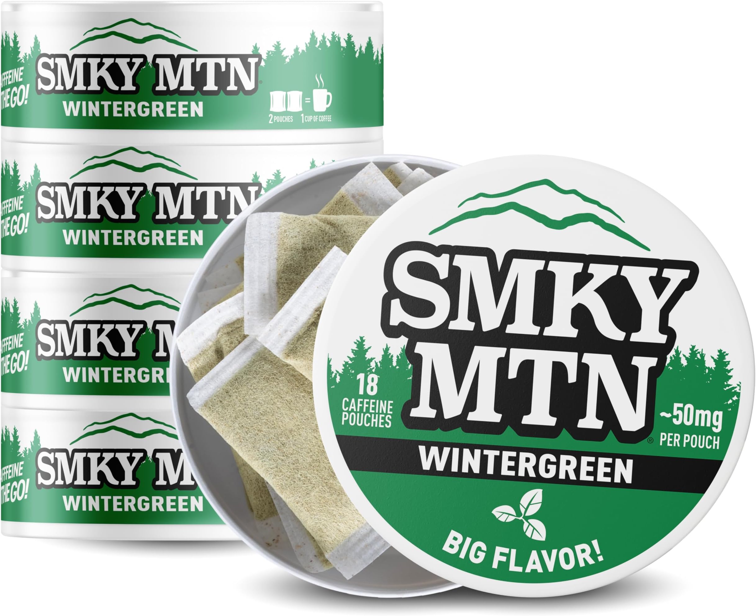 SMOKEY MOUNTAIN Caffeinated Pouches - Wintergreen - Tobacco Free and Nicotine Free - 5 Can Box - 15 Pouches Per Can