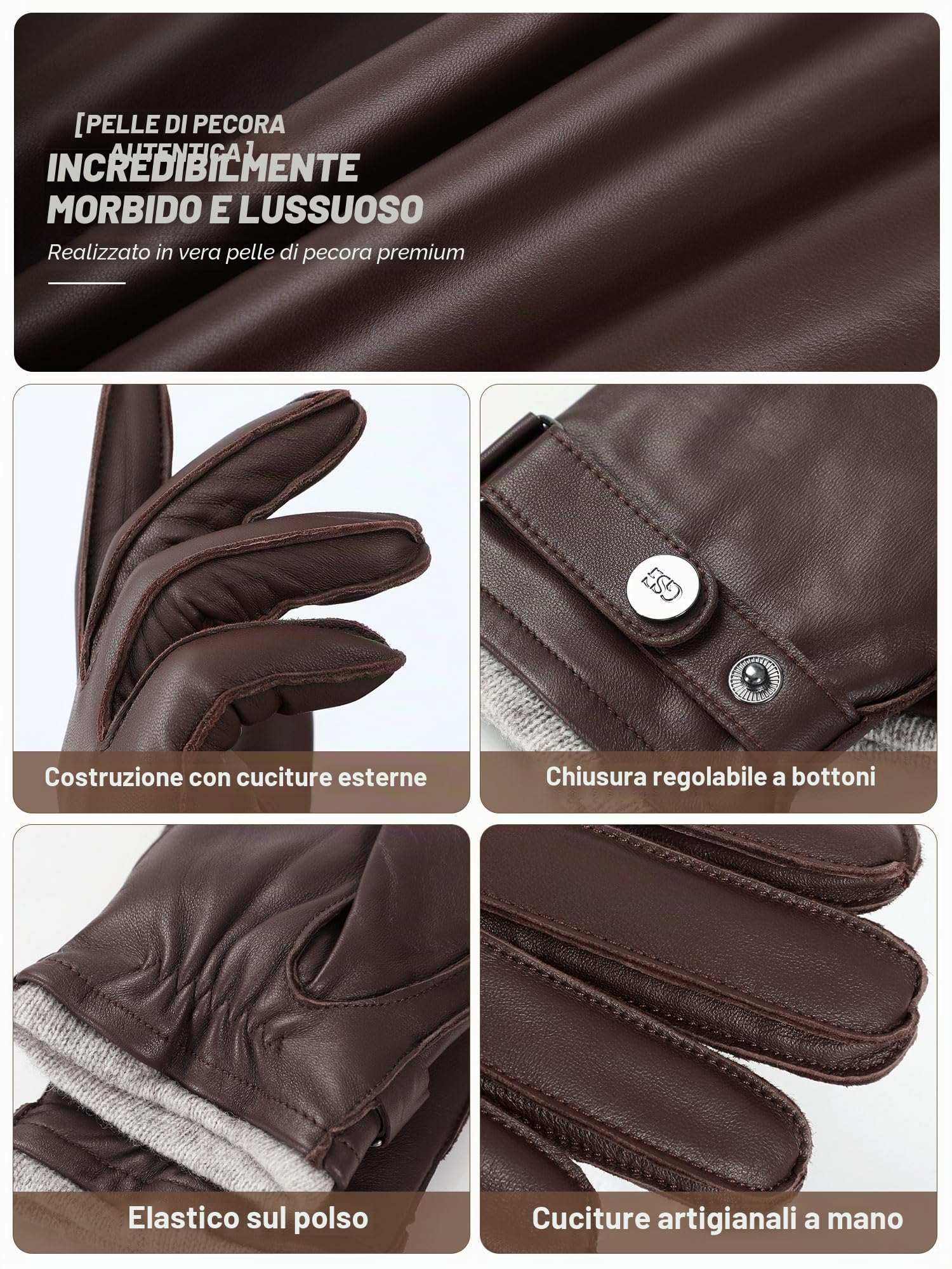 GSG SINCE 1998 Guanti Pelle Uomo – Guanti da Guida in Pelle Vera, Compatibili Touchscreen, Pelle di Pecora, Foderati in Lana, Caldi Invernali per Freddo, M1086