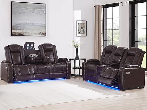 Miniatura 11 de THSUPER Sofá reclinable de cuero marrón para sala de estar, juegos de muebles con almacenamiento de brazos y reposacabezas eléctrico, juego de sofá