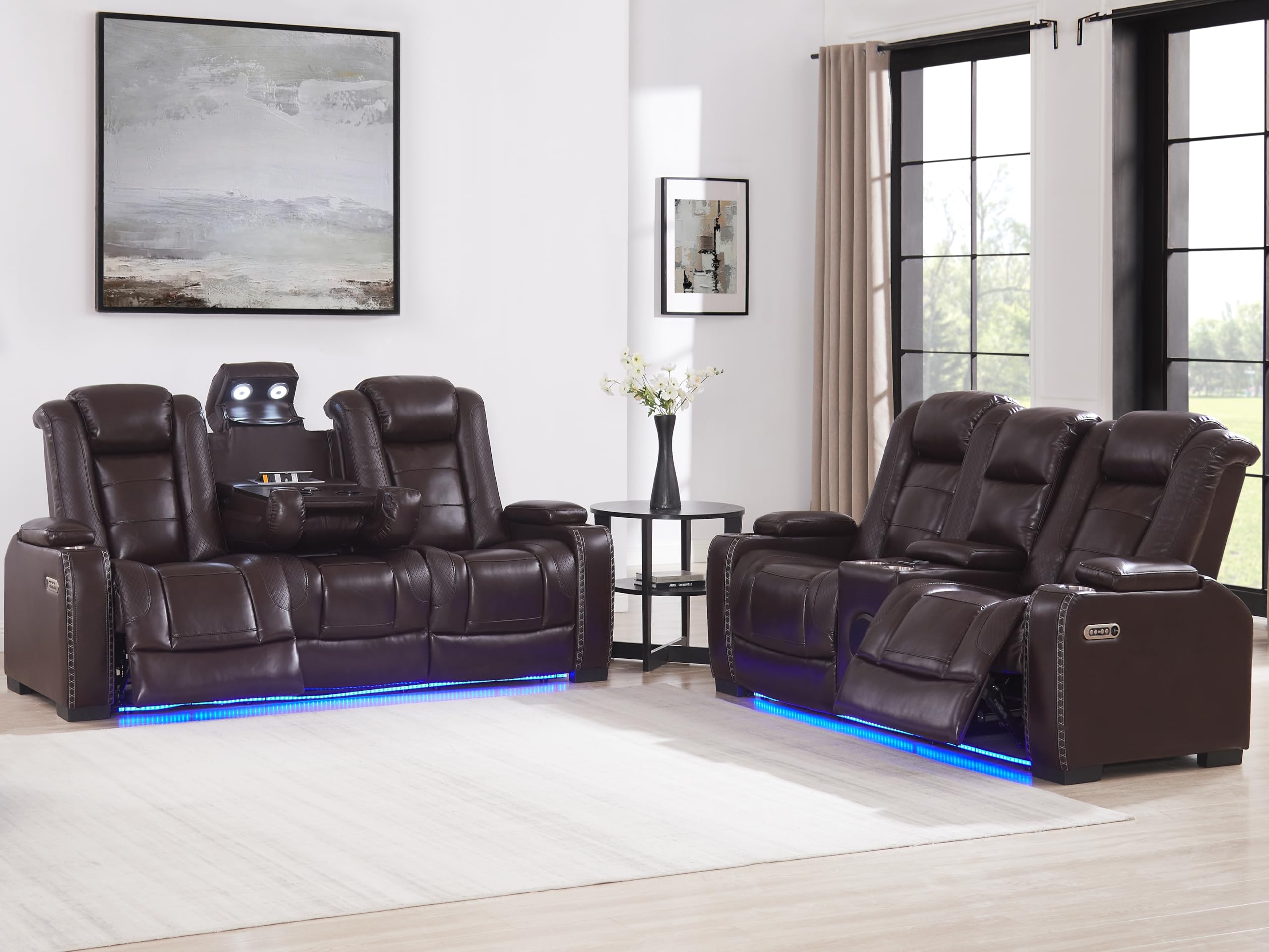 THSUPER Brown Leather Power Recliner Sofa Loveseat Sets with Arm Storage and Power Headrest, Leather Living Room Reclining Sofa and Loveseat Set with