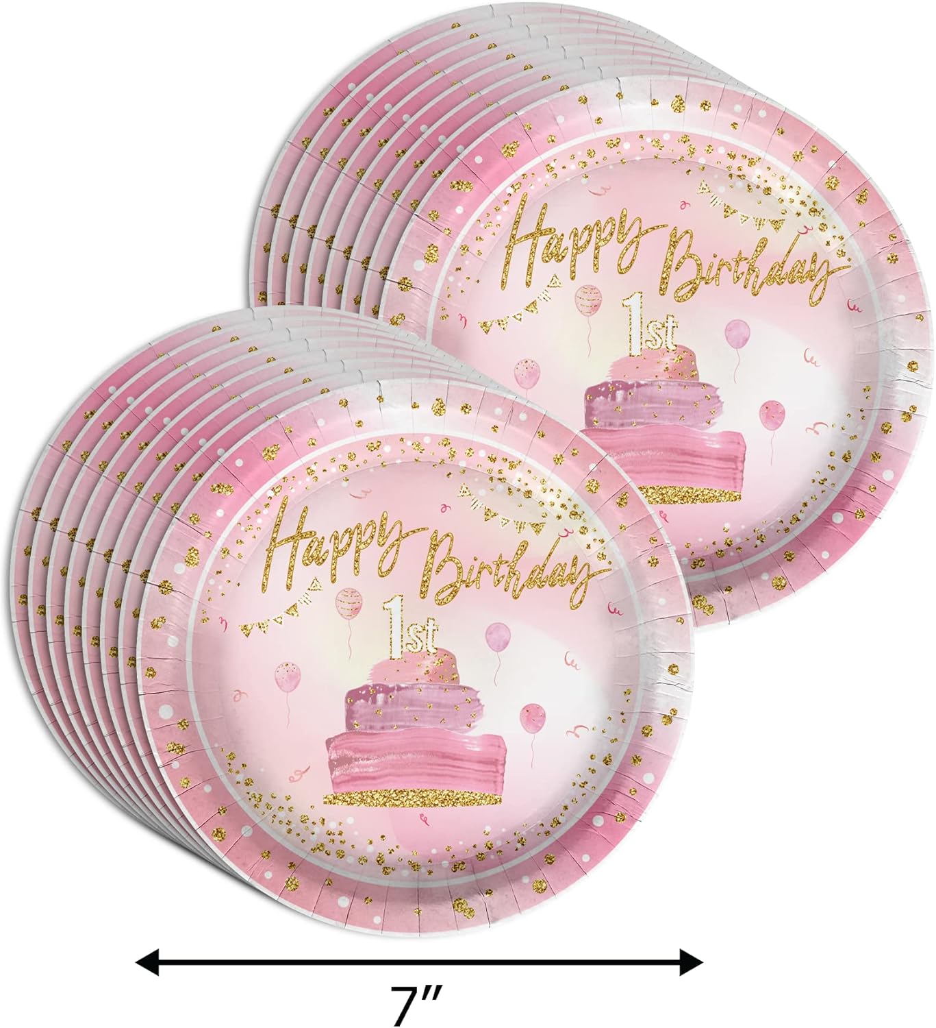 Happy 1st Birthday Pink and Gold Party Supplies - 64 Piece Girls First Birthday Tableware Set Includes Large 9" Dinner Plates and 7" Dessert Paper Plates Napkins Cups - Kit for 16