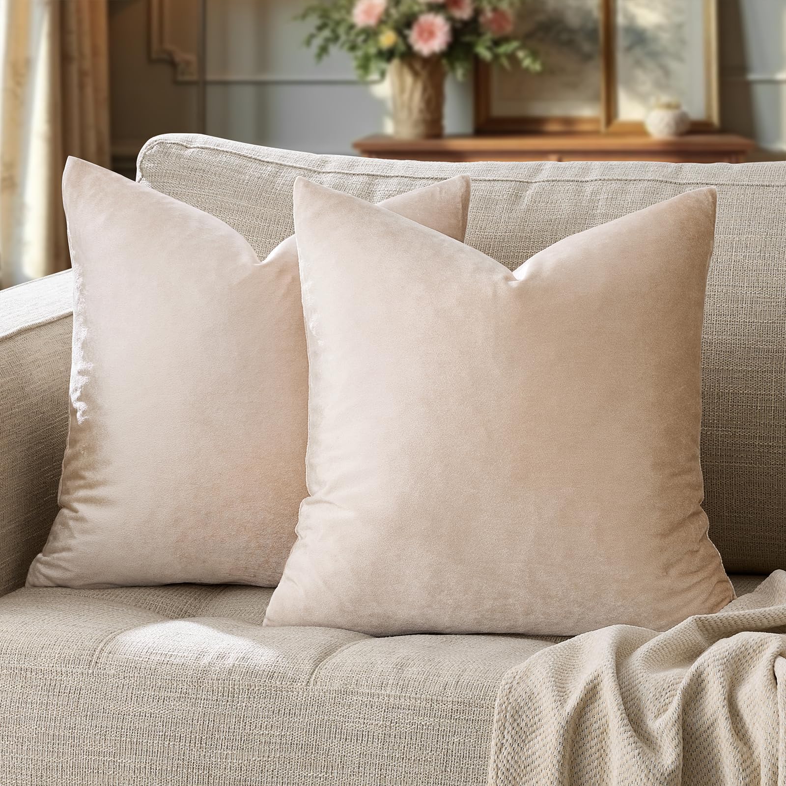 GIGIZAZA 22x22 Beige Pillow Covers: Pack of 2 Champagne Vintage Throw Pillows Super Soft Velvet Covers - Decorative Elegant Square Big Solid Cushion Covers Used for Couch,Living Room,Bedroom