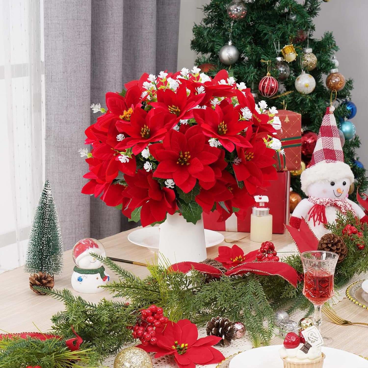 Christmas Artificial Flowers for Outdoors Red Poinsettia Flowers Artificial 12 Bundles Mixed UV Resistant Faux Flowers for Outdoor Planters Garden Porch Patio Home Winter Decor