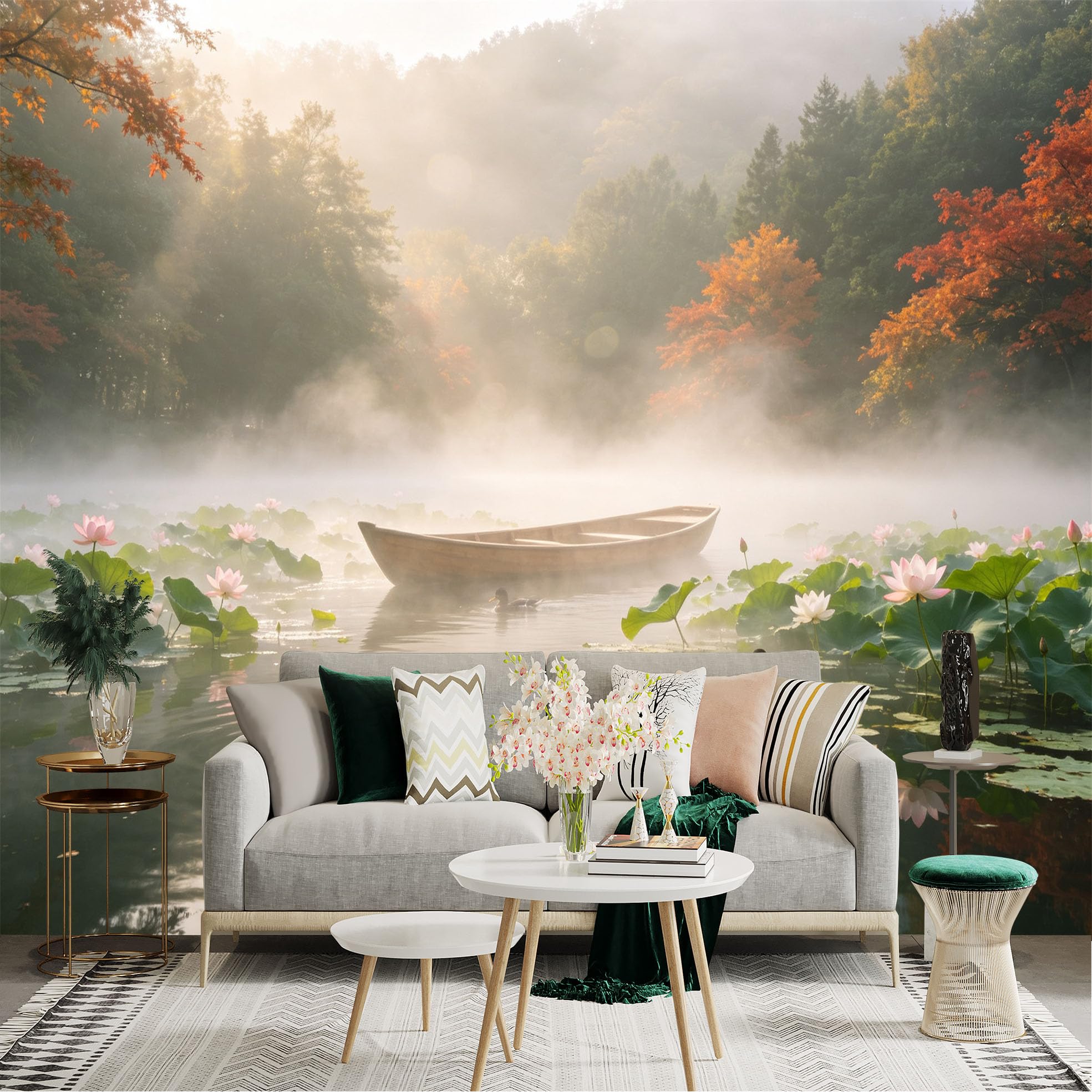 Custom Size Wall Sticker Mural， Misty Lake with Small Boat， Blooming Lotus Flowers and Ducks， Autumn Forest Scenery， for wall Decoration， peelandstick wall Decals.