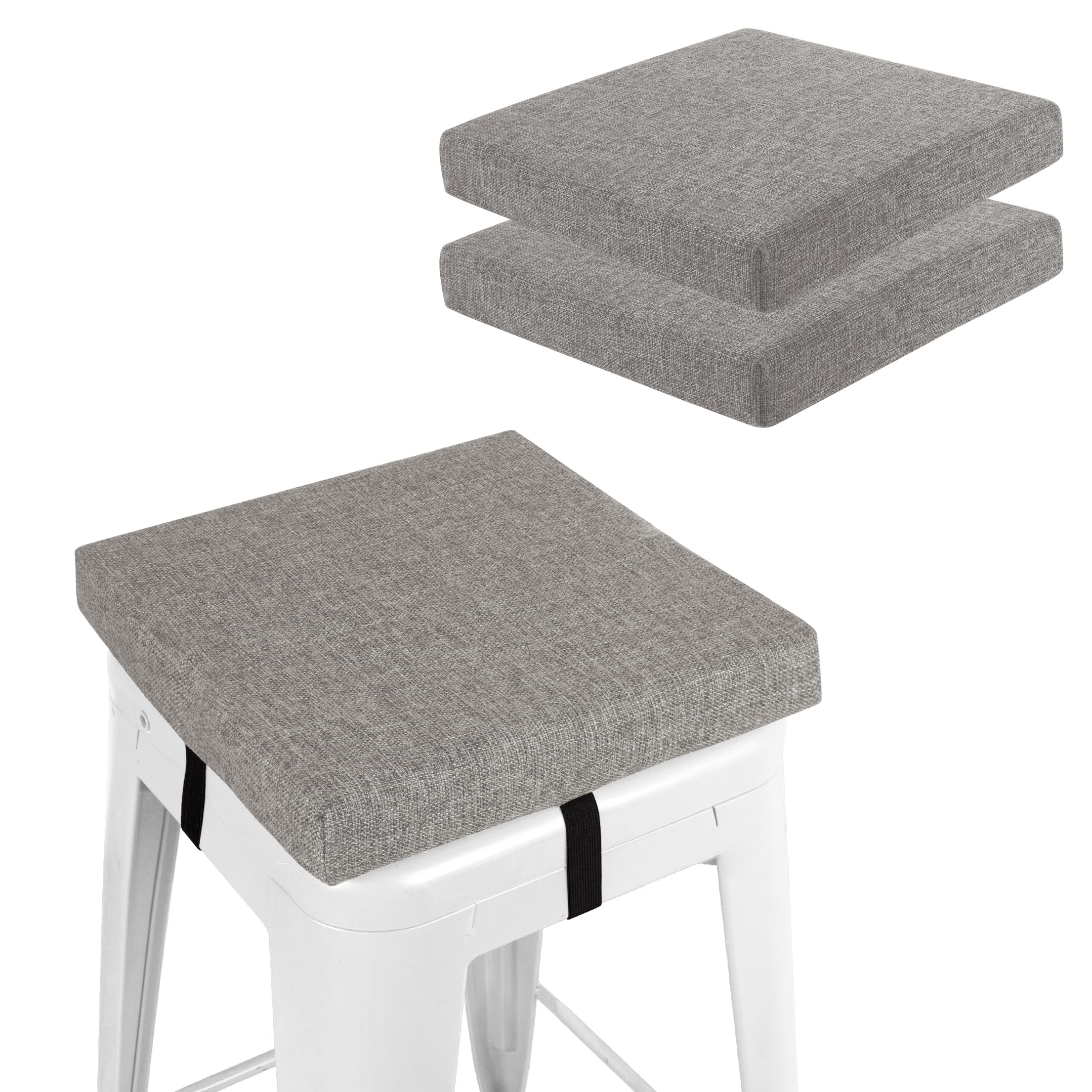 FlyGulls Square Bar Stool Cushions Non-Slip Chair Pads with Ties 2“ Thick Chair Cushions Set of 2 with Machine Washable Cover (Light Grey