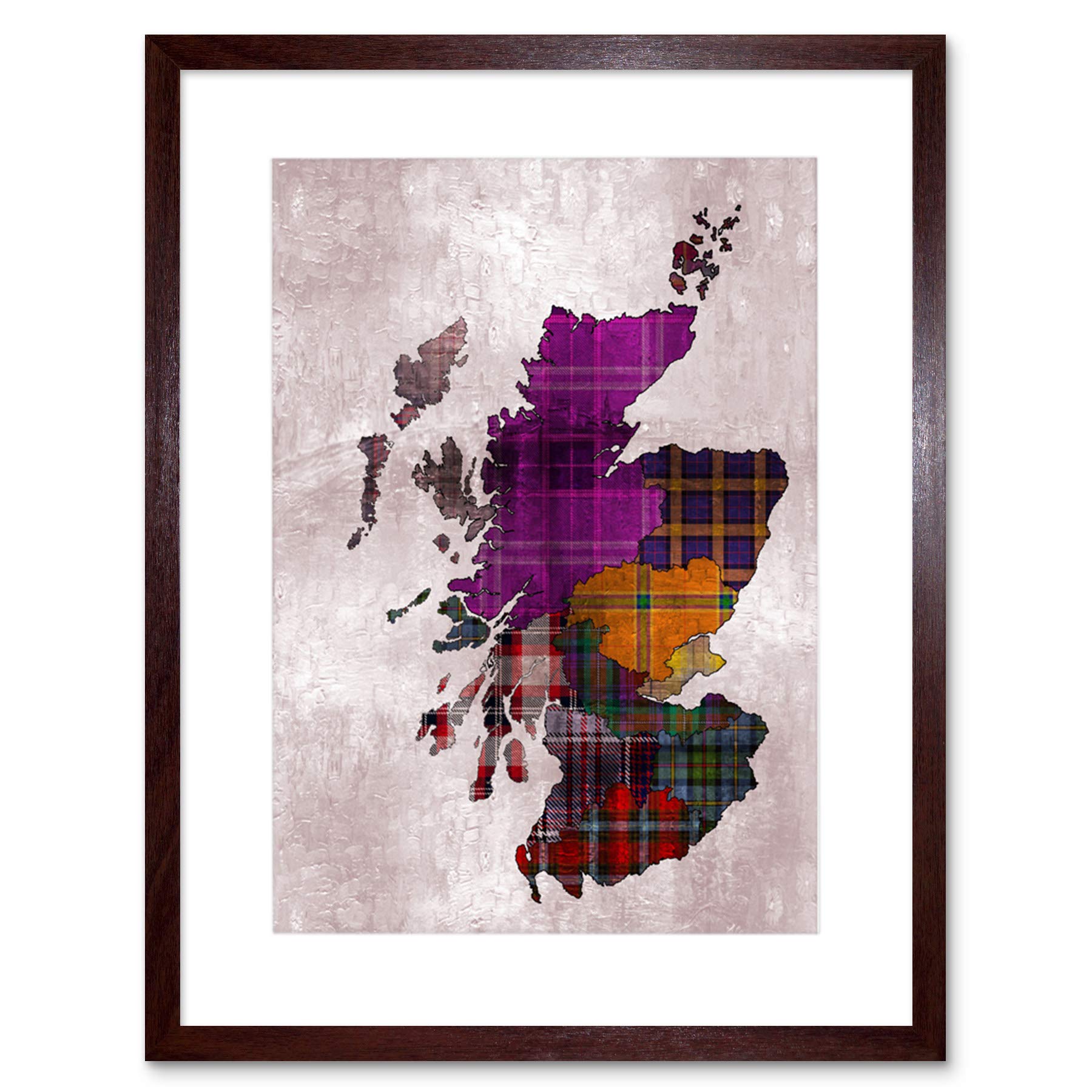 Wee Blue Coo Painting Map Outline Scotland Tartan Inset Regions Framed Wall Art Print