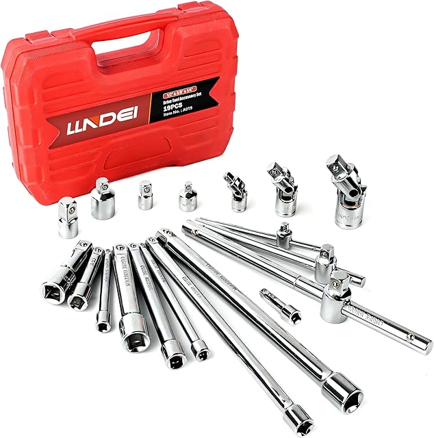 LLNDEI Extension Bar Set 19Pcs, 1/2 3/8 1/4 inch Ratchet Impact Swivel Sockets Accessories, Extension Bar Tool Kit, CR-V Steel Universal Joint Socket Adapters Sliding Bar T-Handle Wrench