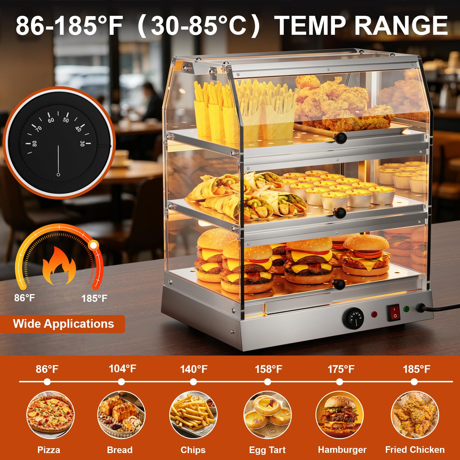 Exhibidor comercial de 3 niveles, vitrina de alimentos calientes de acero inoxidable con iluminación LED, temperatura ajustable de 30 a 85 °C, vitrina eléctrica calentada para hamburguesas