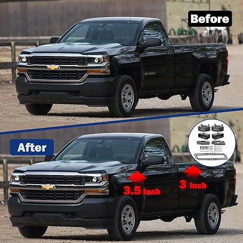 Miniatura 7 de Kit de elevación de nivelación completa delantera + 3 pulgadas trasera compatible con espaciadores de puntal de suspensión 2007-2023 Silverado 1500