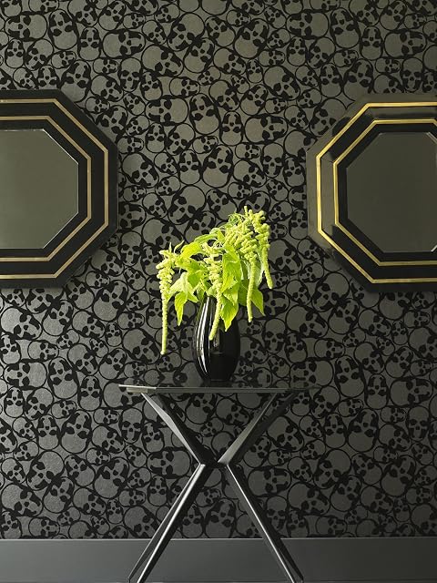 Barbara Hulanicki Designer Black Skulls Print Flocked Luxury Paste The Wall Wallpaper