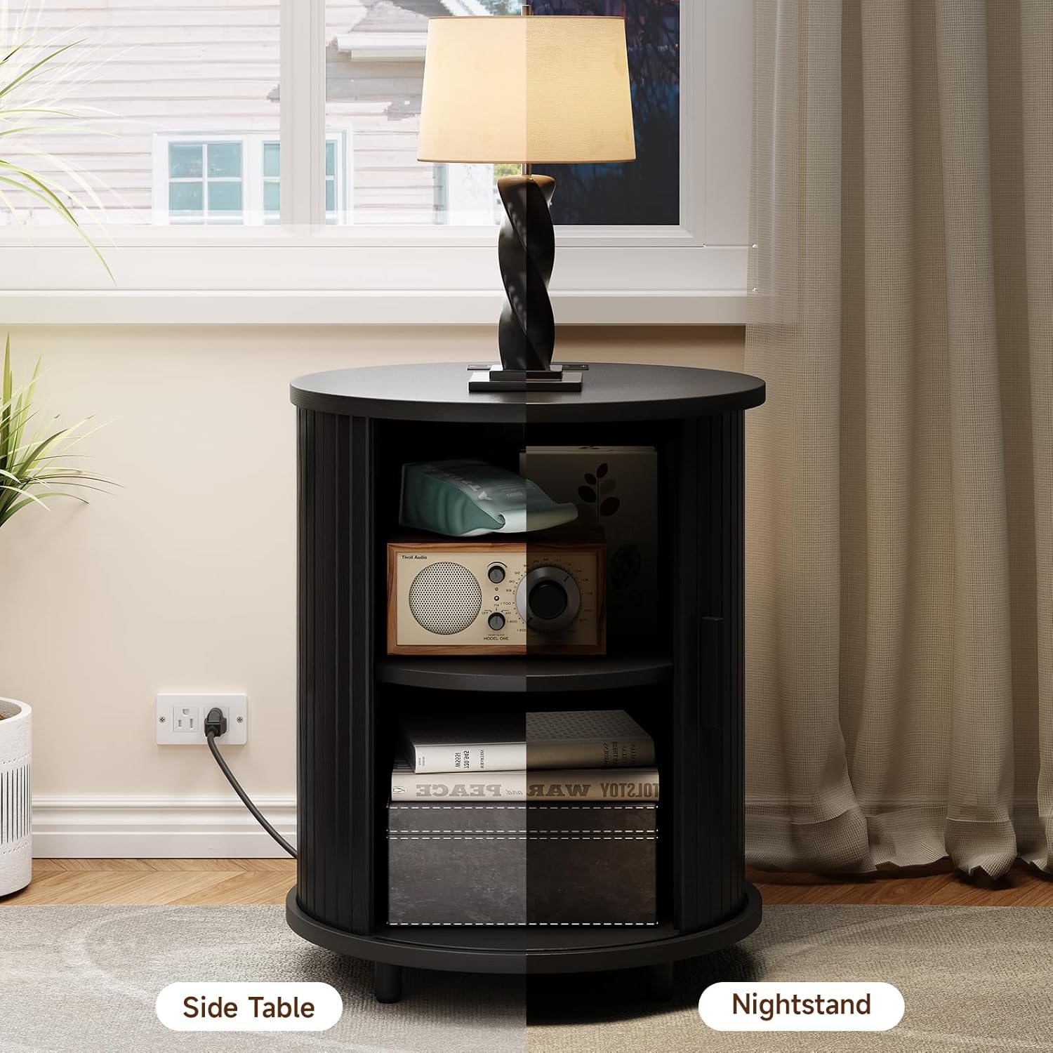 ONBRILL Round End Table Set of 2 with Charging Station, Mid Century Bedside Table with Sliding Door & 2 Tier Storage, Modern Nightstands Set of 2 for Living Room, Bedroom, Entryway, Black