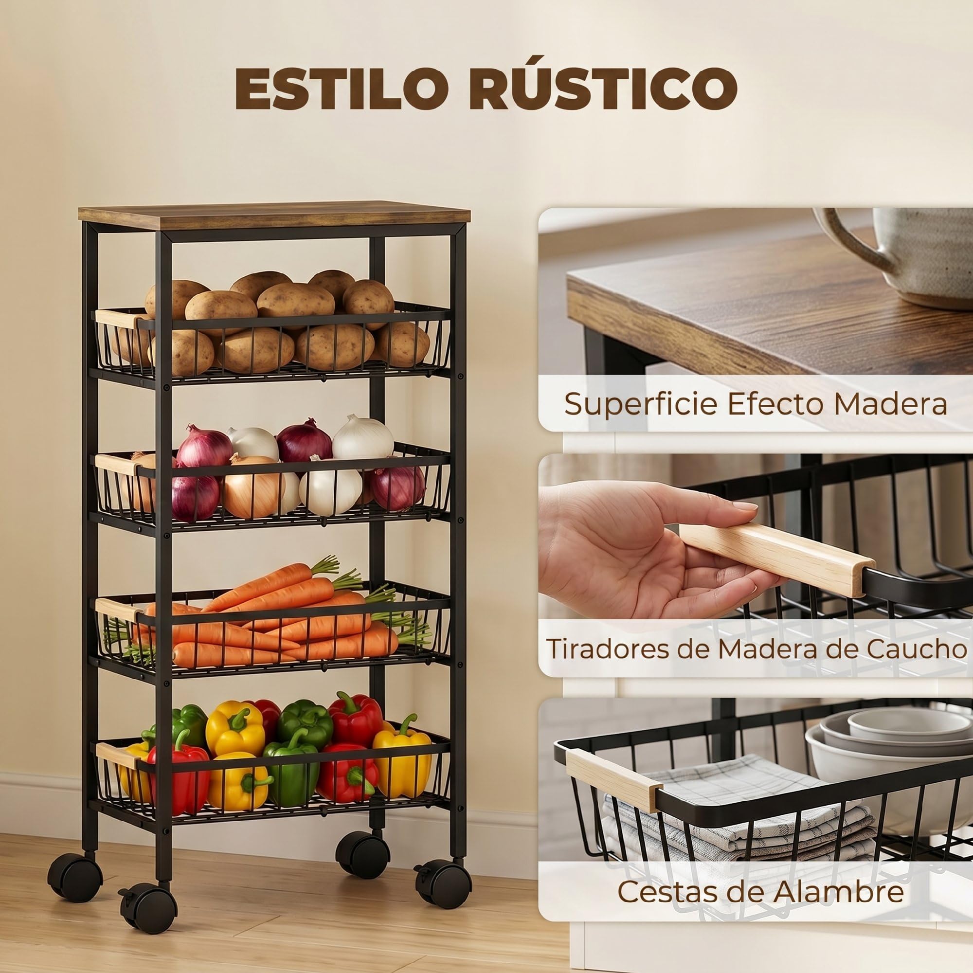 HOMCOM Carrito Auxiliar con Ruedas 4 Cestas Extraíbles 15 kg Marrón Rústico | Carrito de Cocina, Marco Metálico, Tiradores de Madera, para Comedor, Sala de Estar, Baño, 40x24x81,5 cm