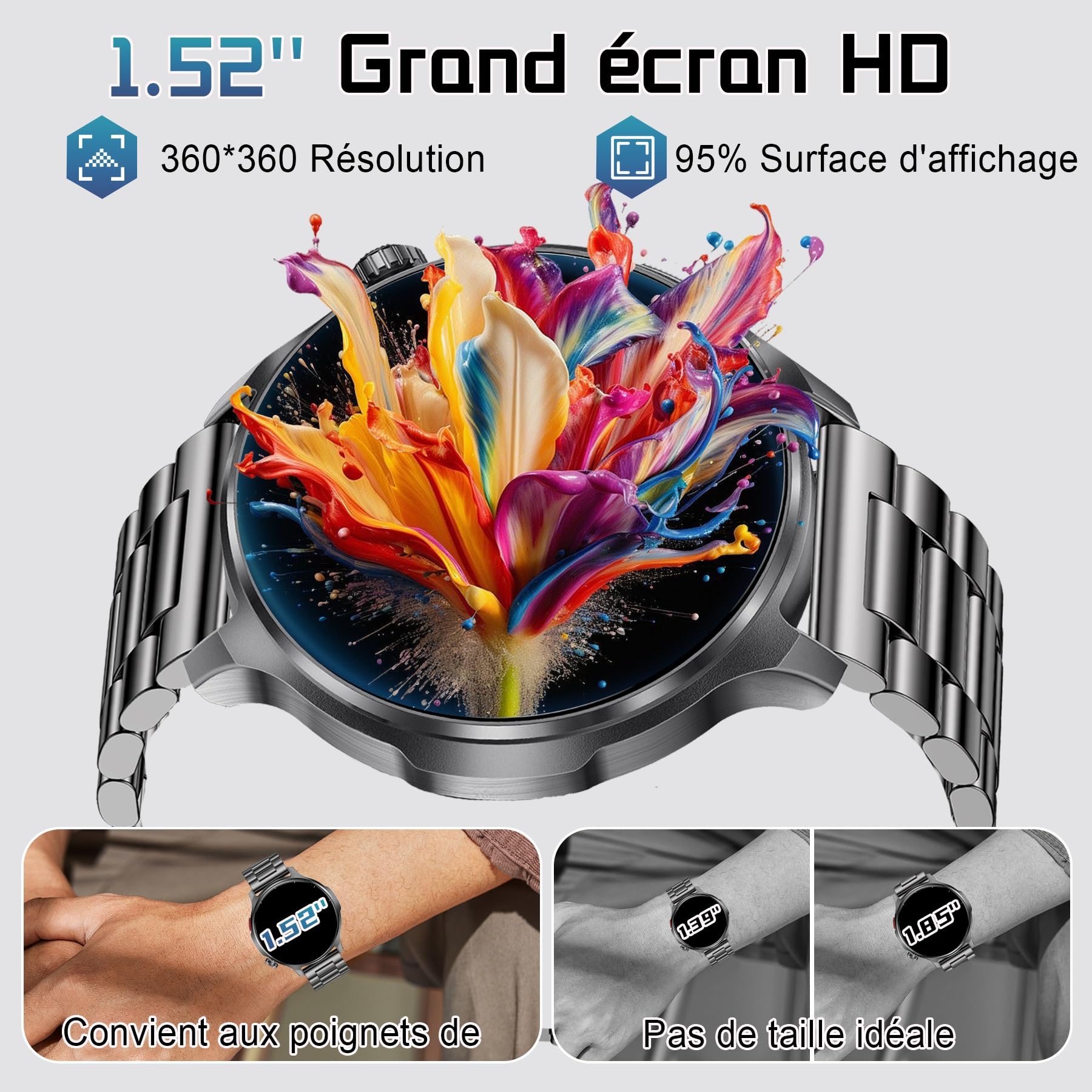 Montre Connectée Homme, 1.52'' HD Écran avec 1000mAh Batterie, Smart Watch Homme Appel Bluetooth, Cardiofréquence, Sommeil, 110+ Sportifs, Étanche IP68 Montre Sport pour iOS Android