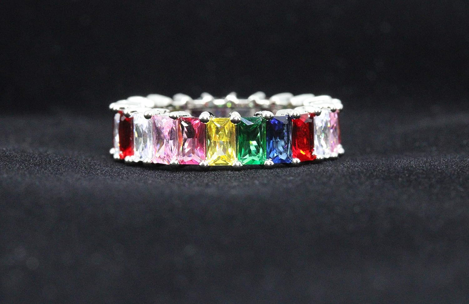 Savlano 18K White Gold Plated Cubic Zirconia Emerald Cut Multicolor Rainbow Eternity Ring Band - Image 3