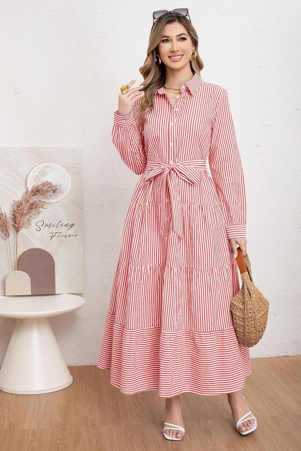 utcoco Womens Casual Long Sleeve Button Down Tie Waist Ruffled Striped Maxi Shirt Dress - Image 2