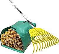 Gardzen 12-Tine Leaf Rake with Adjustable Steel Handle, 53-Gal Dustpan Bag & Gloves - Lightweight Detachable for Gardening & Camping, Yellow