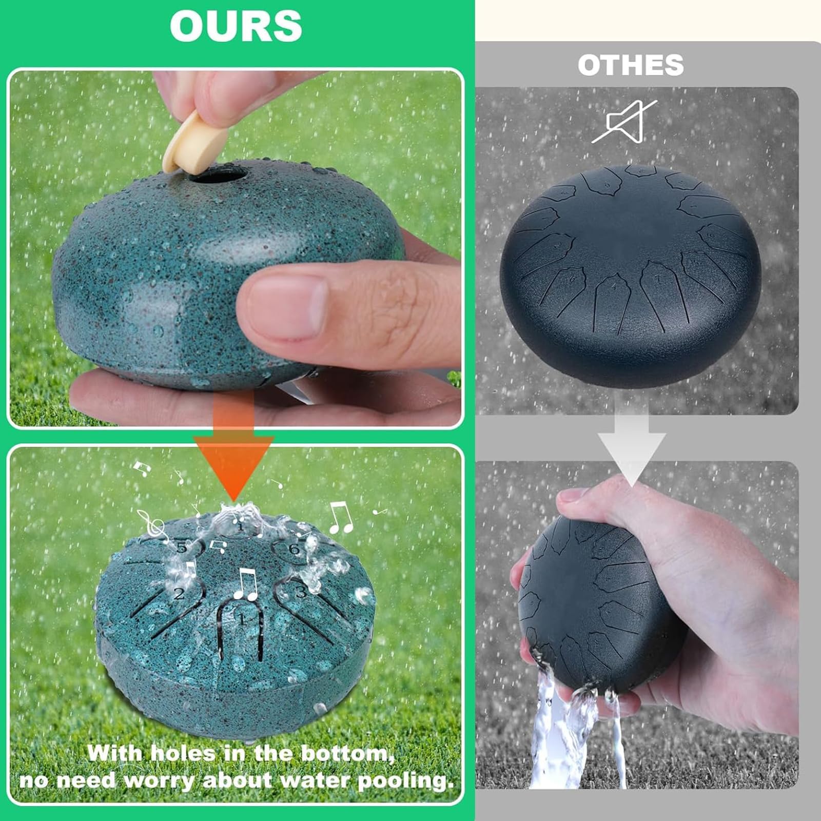 Tamburo antipioggia per giardino esterno, 7,6 cm, 6 note, in acciaio, la risonanza armoniosa dei suoni naturali, sincronizzato con il ritmo della natura, mini strumento a tamburo per pioggia