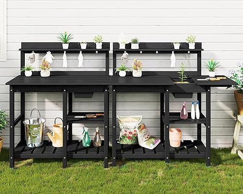 Miniatura 12 de SERWALL Banco para macetas al aire libre con fregadero extraíble, mesa para macetas de polietileno de alta densidad resistente a la putrefacción