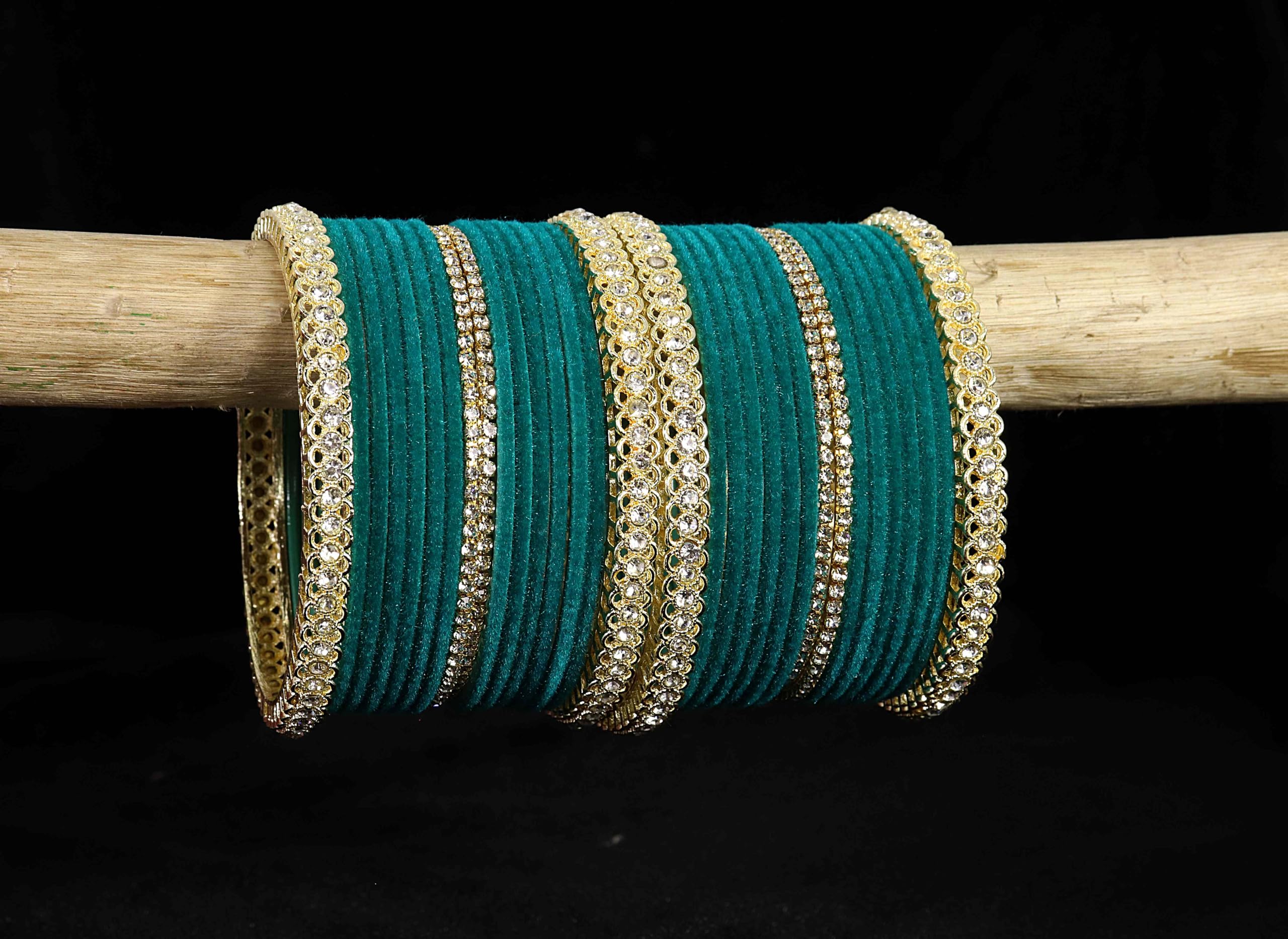 LAVAZZA Gold Plated Metal Velvet Bangles Short Chuda Set For Women & Girls with Zircon Gemstone | Radium Teal Colour Bangles| Ladies Bangles | Stone Work Bangles | Set of 32 -(LV_FMS6-Radium-2.6) 1