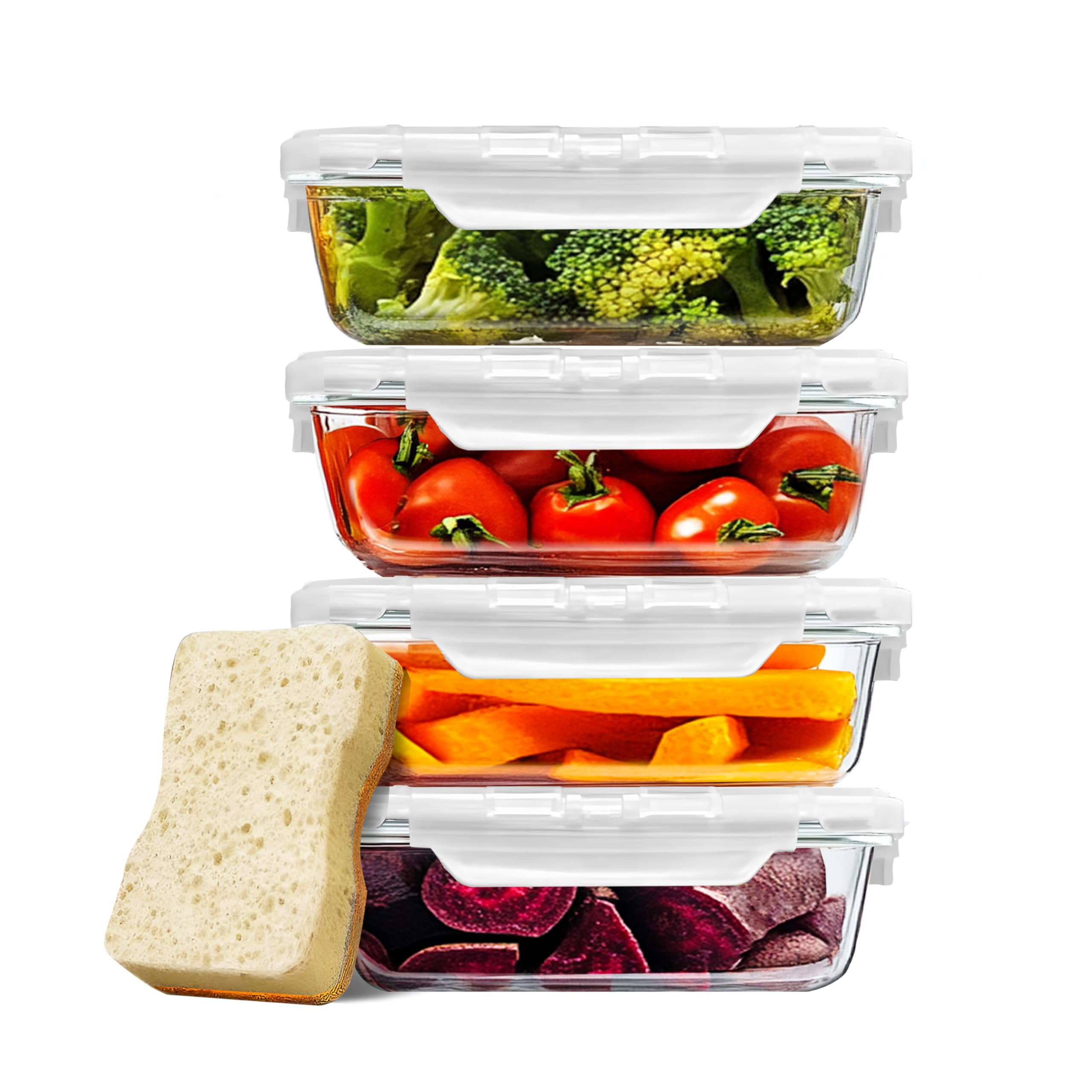 Juego de 4 recipientes de cristal con tapa y cuenco de cristal con tapa, 680 ml, herméticos, aptos para microondas y lavavajillas, sin BPA, vasos de almacenamiento