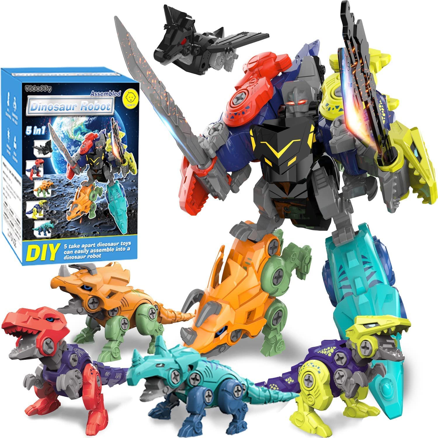 Kids Dinosaur Toys for 3 4 5 6 7 8 Year Old Boys, Girls Gifts, 5 in 1 Dinosaur Building Toys Set, DIY Take Apart Transform into Robot Toys for Birthday