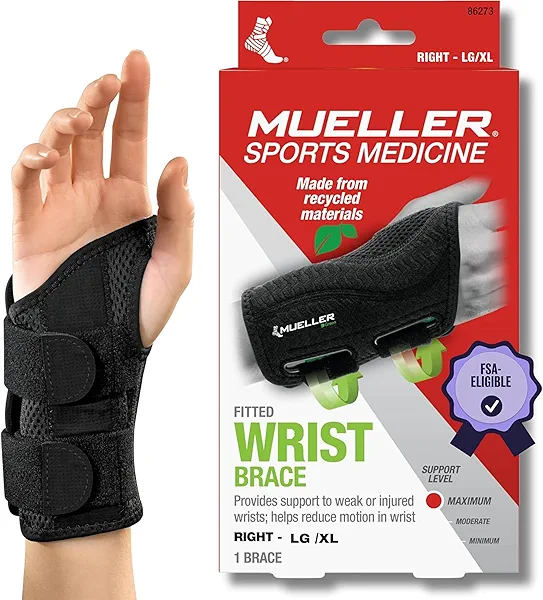 MUELLER Sports Medicine Green Fitted Wrist Brace for Men and Women, Wrist Pain Relief Support, Ideal for Carpal Tunnel, Tendonitis, Arthritis, Right Hand, Black, Large/X-Large
