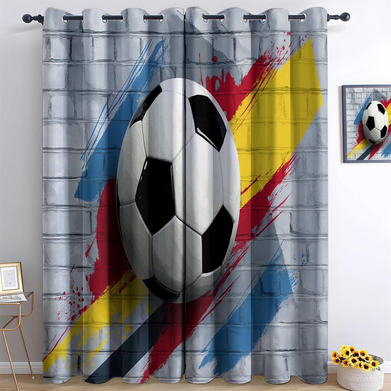 Generisch Grau Vorhang Blickdicht Thermovorhang Graffiti-Stil Backsteinmauer Fußball Gardinen, Wohnzimmer kälteschutz mit Ösen Vorhänge für Schlafzimmer Wohnzimmer Fenster H183 x B117 cm (2er Pack)