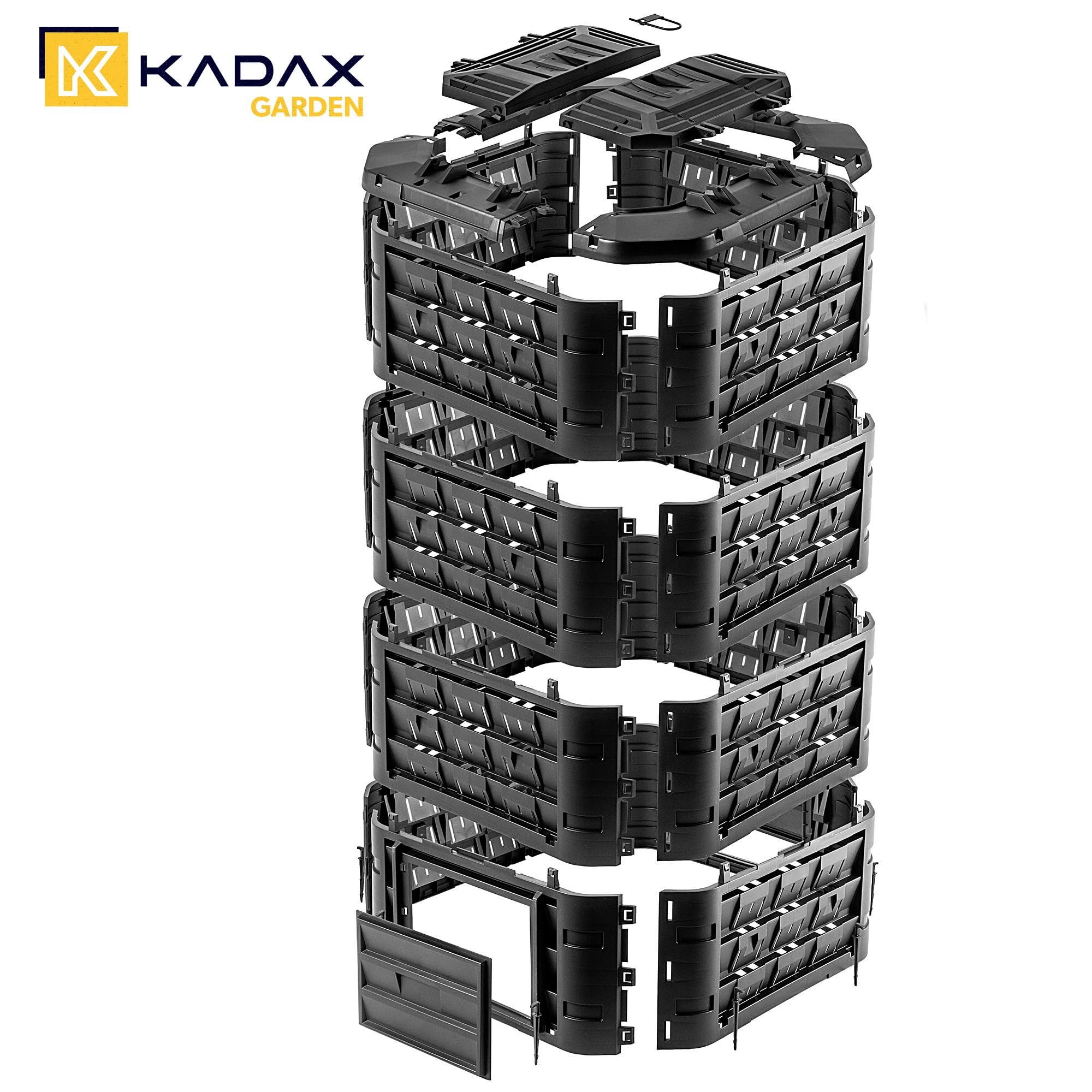 KADAX Compostador modular para residuos de jardín, compostador de plástico, contenedor de compostaje con ventilación y riego, contenedor de compostaje rápido (negro 1250 L)
