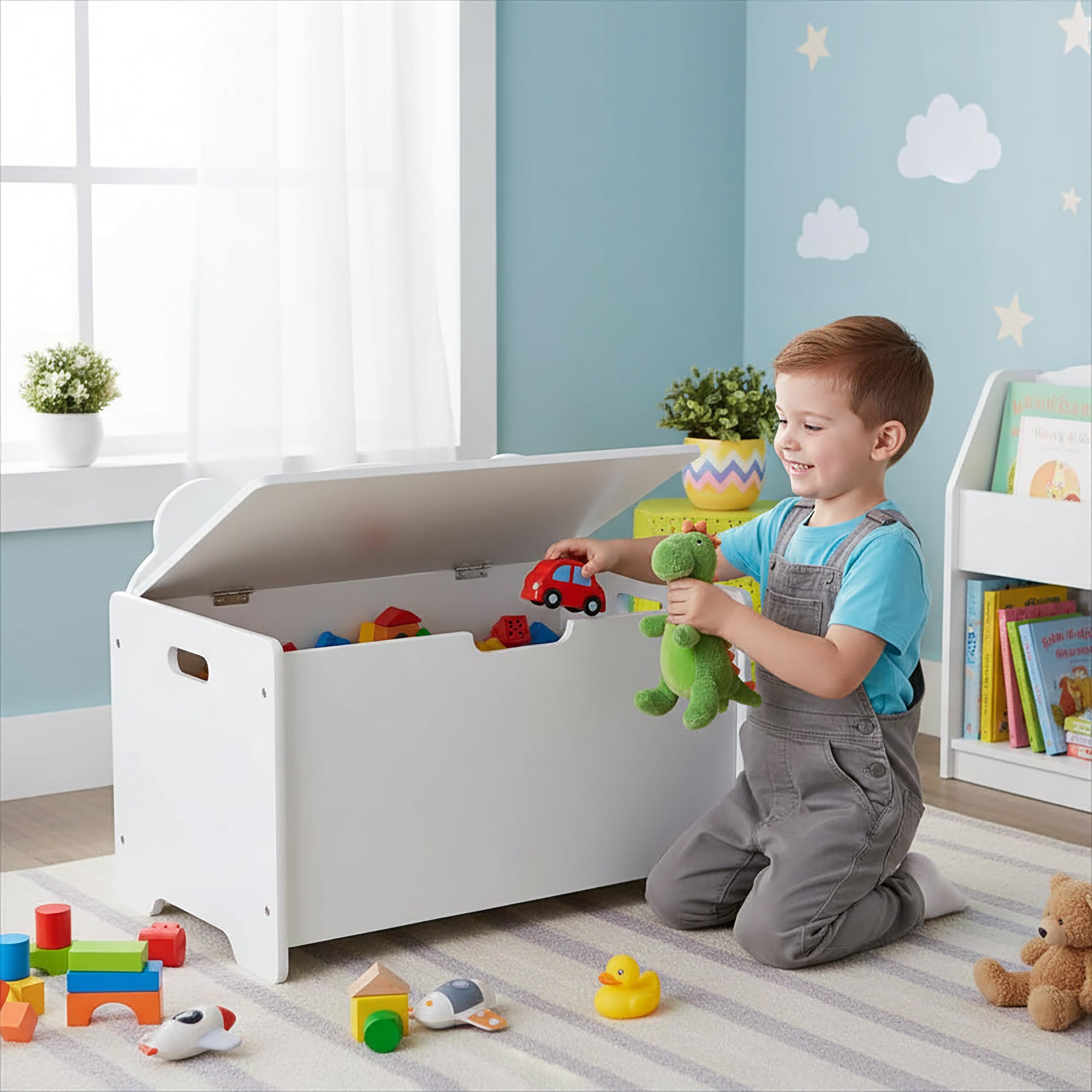 Relaxdays Cofre para Juguetes con Silueta de Oso, Tapa, MDF, 48x60x38 cm, habitación Infantil, Blanco