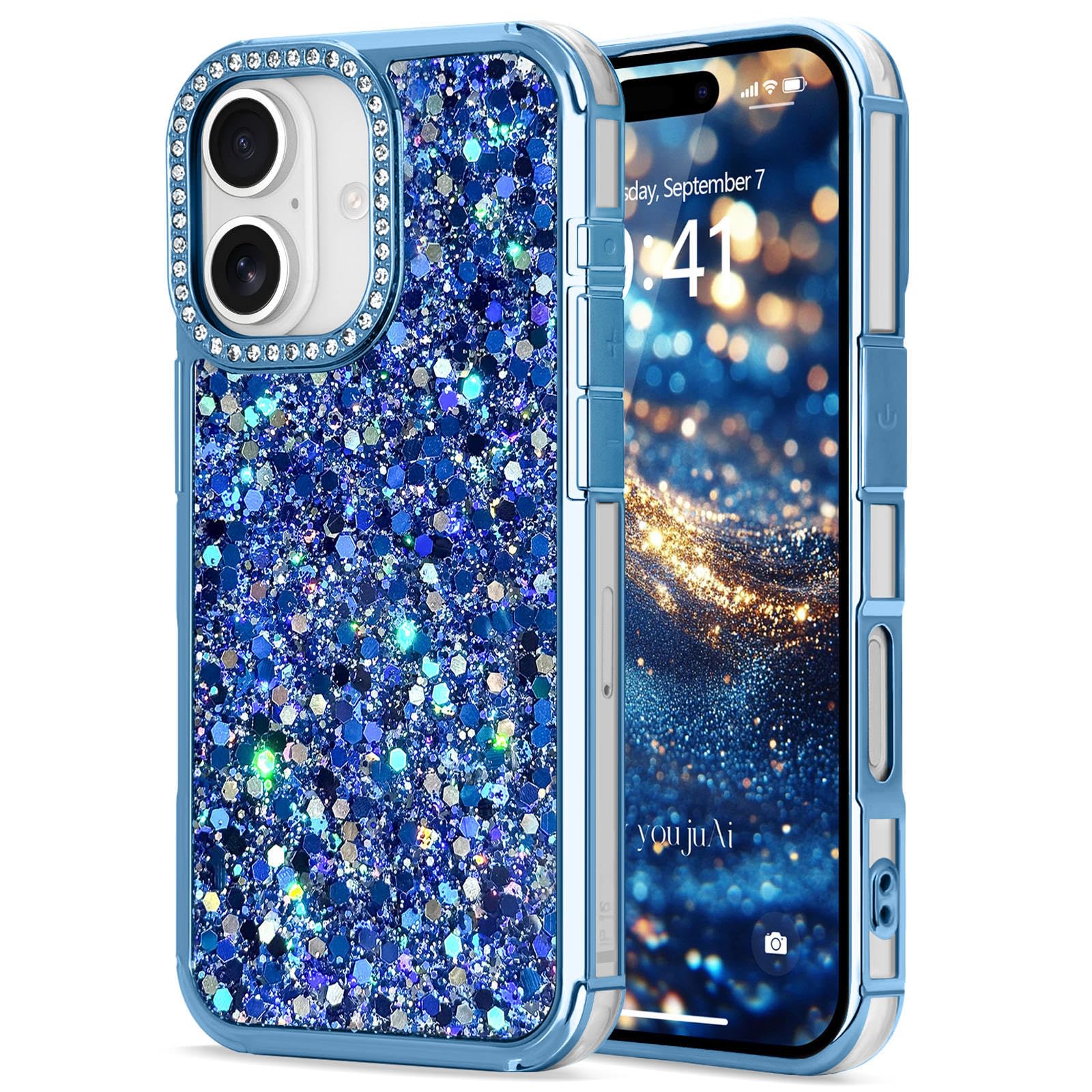 ROSEHUI Glitter Bling Case for iPhone 16 Rhinestone Camera Bumper | Sequin Glossy with Luxury Crystal Diamond Slim Soft Silicone TPU Shockproof