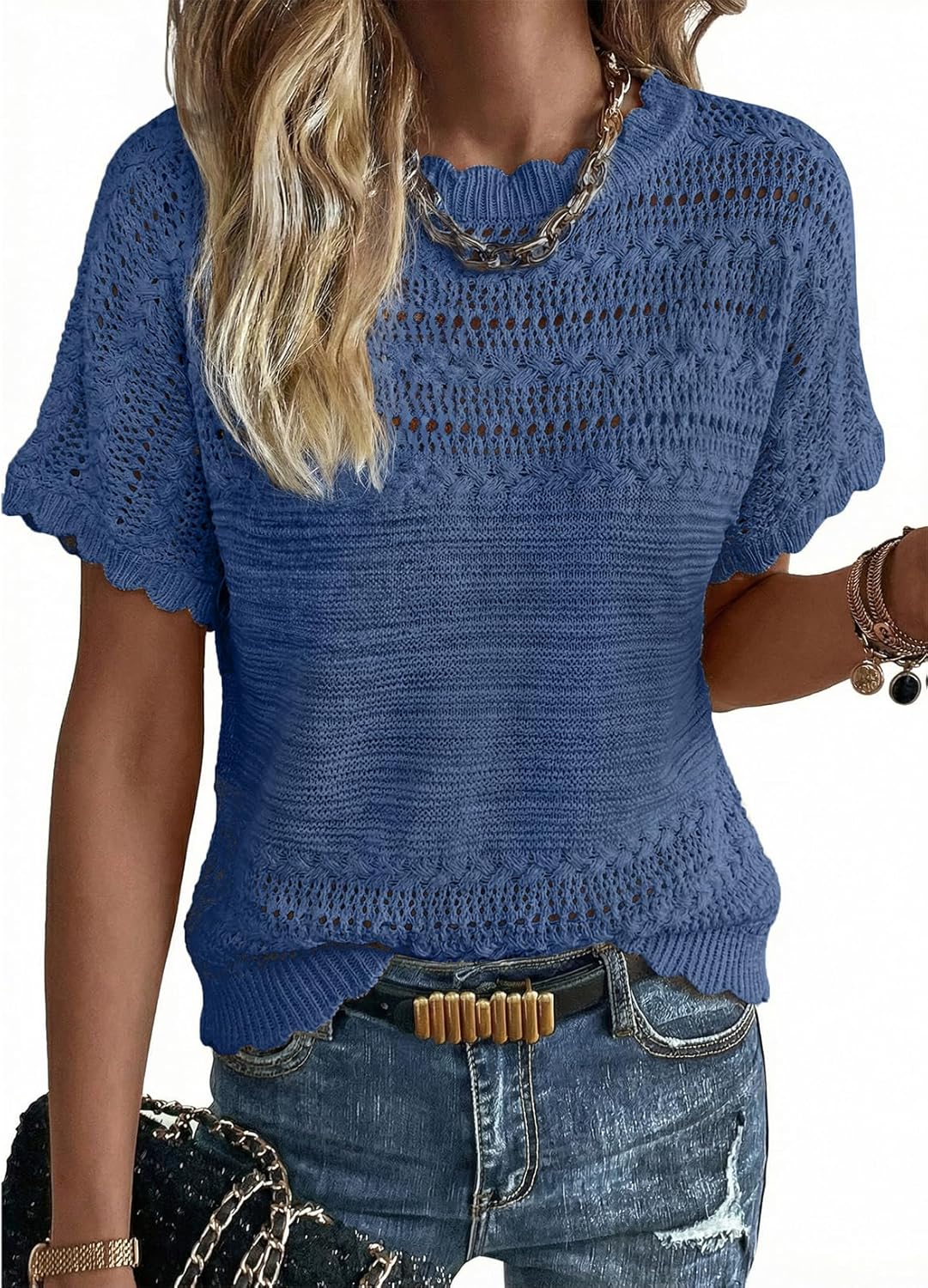 Acelitt Womens Short Sleeve Knit Sweater Tops, S-XXL