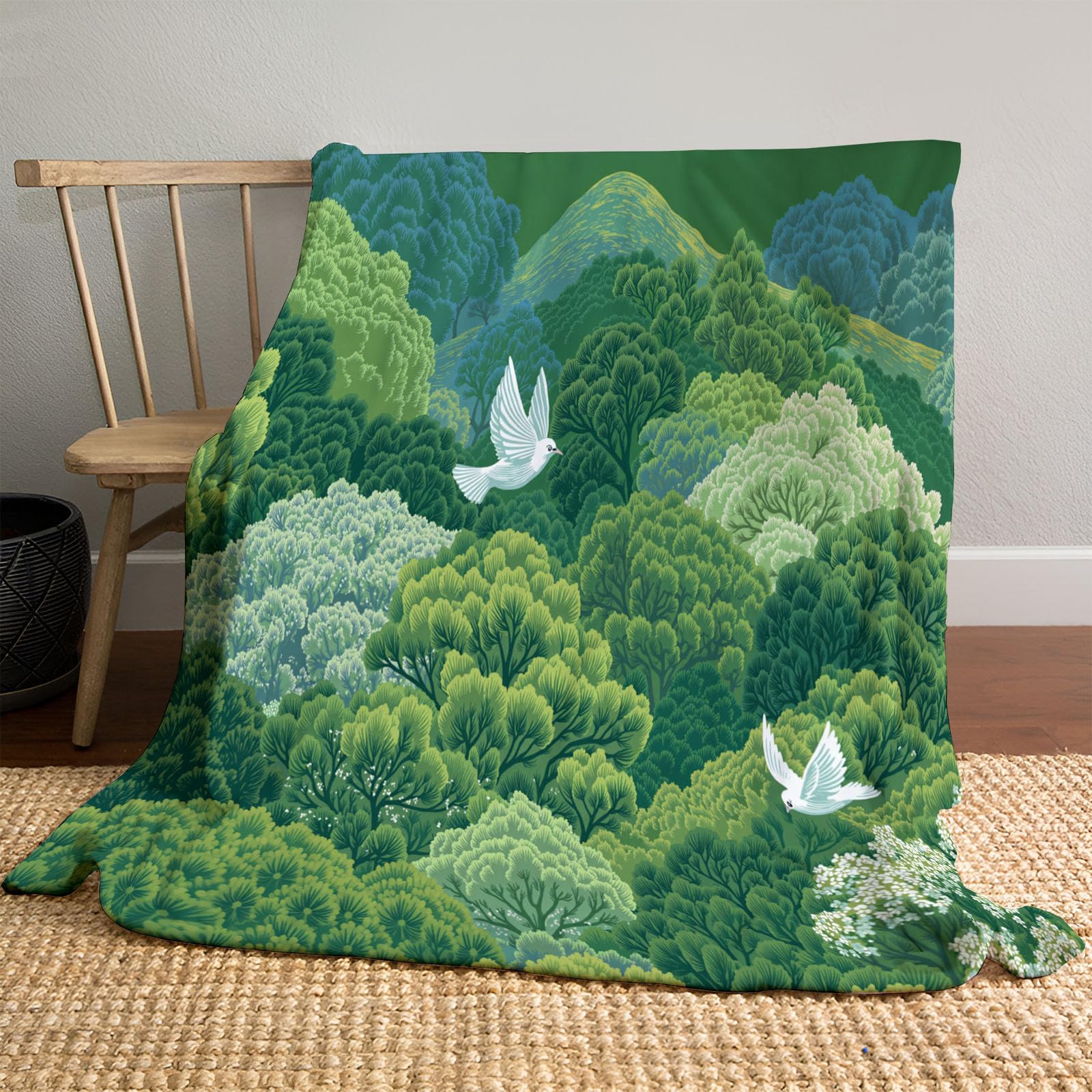 Couverture chaude et confortable verte motif forêt et oiseaux plaid flanelle 3D