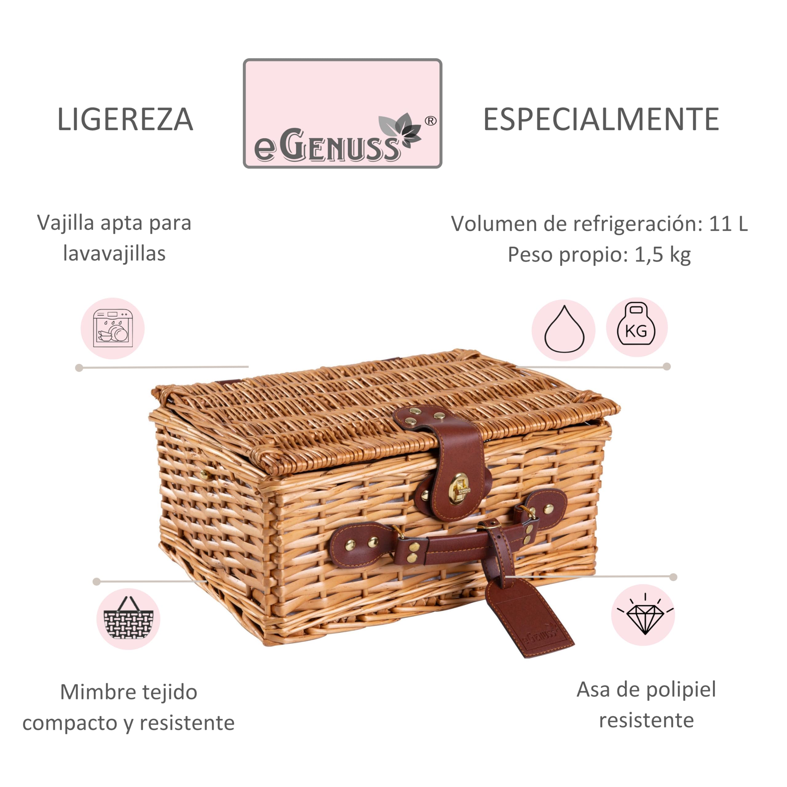 Cesta de Picnic de Mimbre para 2 Personas con Bolsa Térmica y Vajilla Completa – Platos de Cerámica, Copas de Vidrio y Cubiertos de Acero Inoxidable