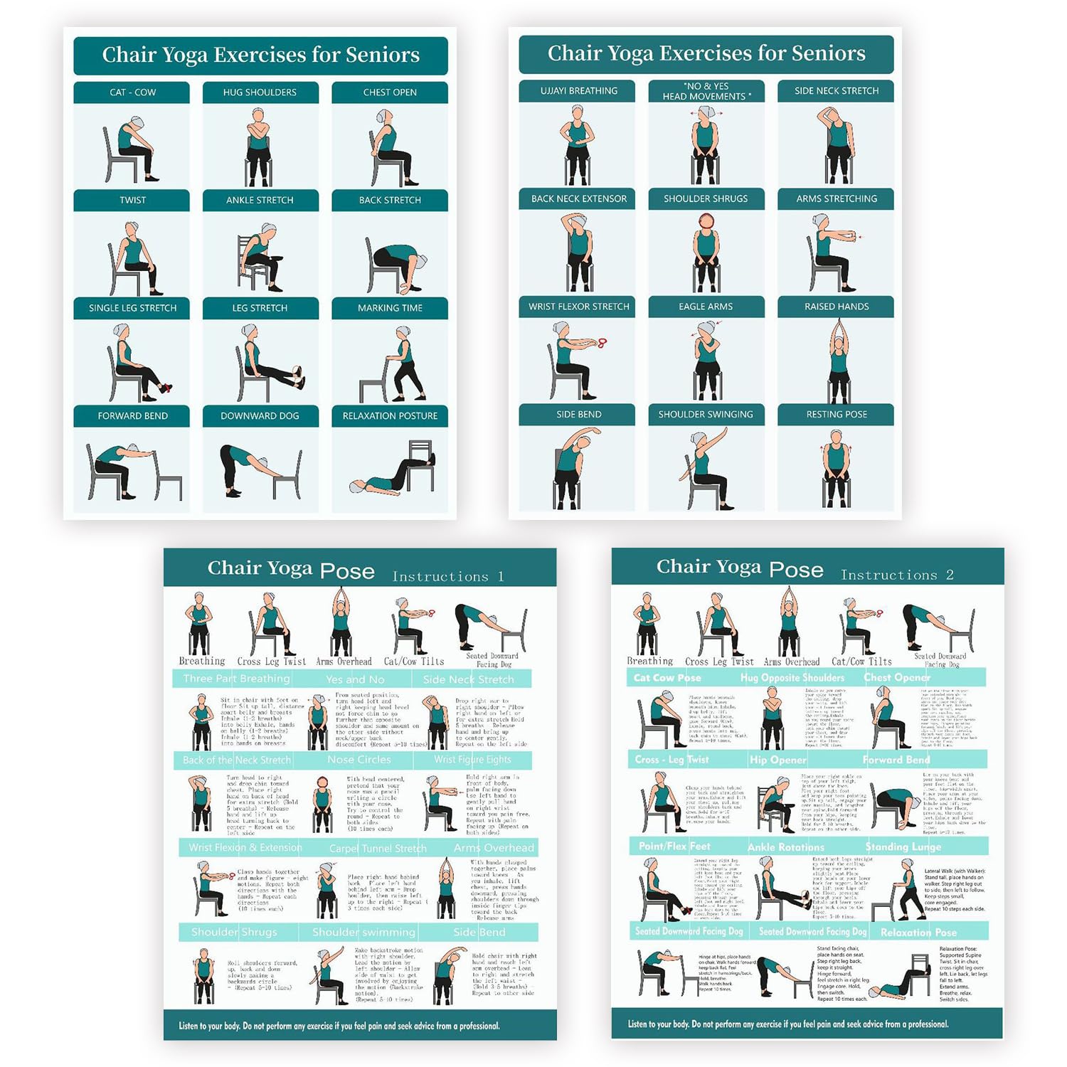 Elderly Yoga Poses Poster, 4 PCS Chair Yoga Exercise Posters, Weight Loss Chart, Simple Seated Workout Guide Wall Charts, Gift for Older Adults, Easy to Follow Senior Fitness Poses for Home Use-picture-14