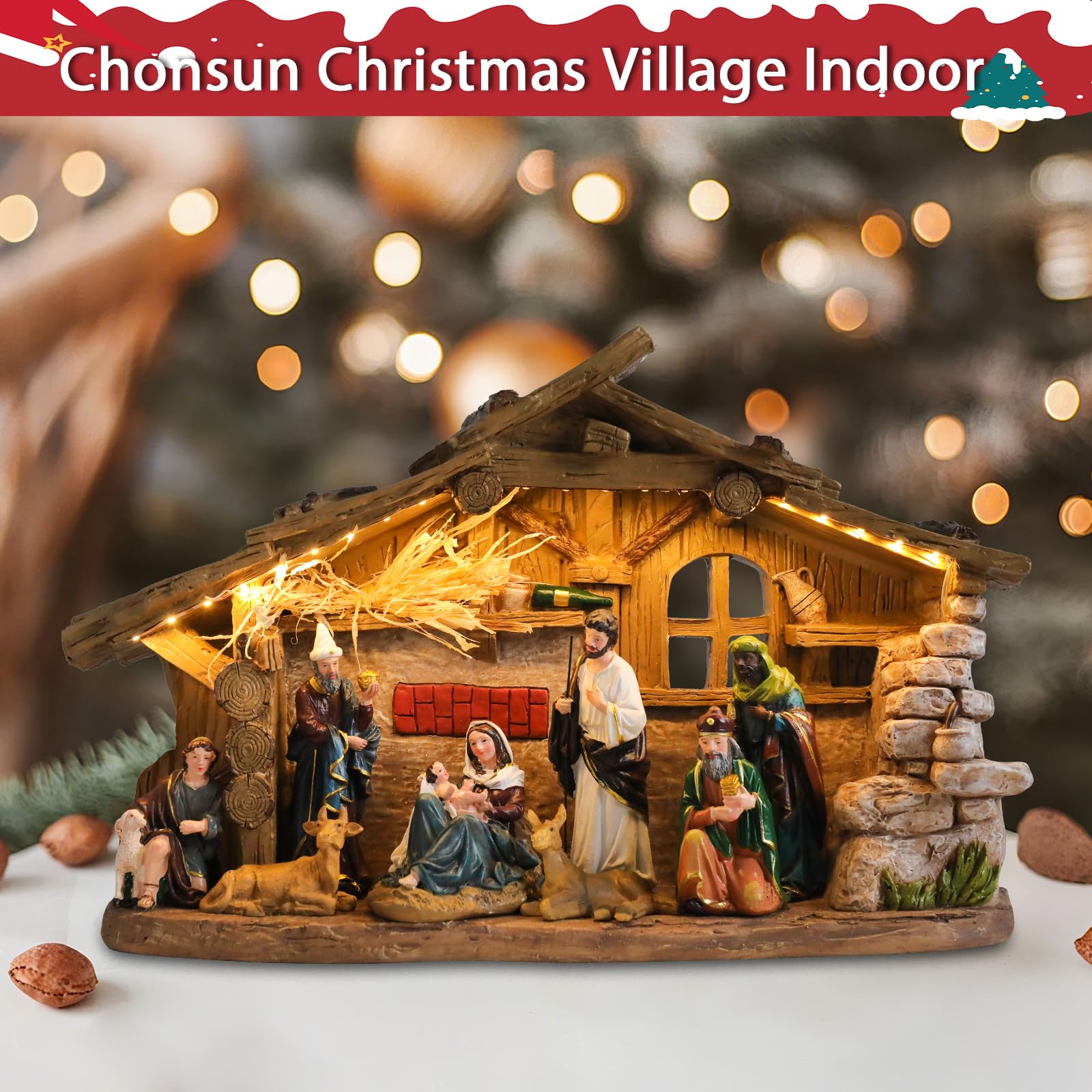 Belén para interiores de 10.2 pulgadas de Navidad, pueblo musical, pesebre, juegos de pesebre, figuras de Navidad de Jesús, decoraciones de Navidad