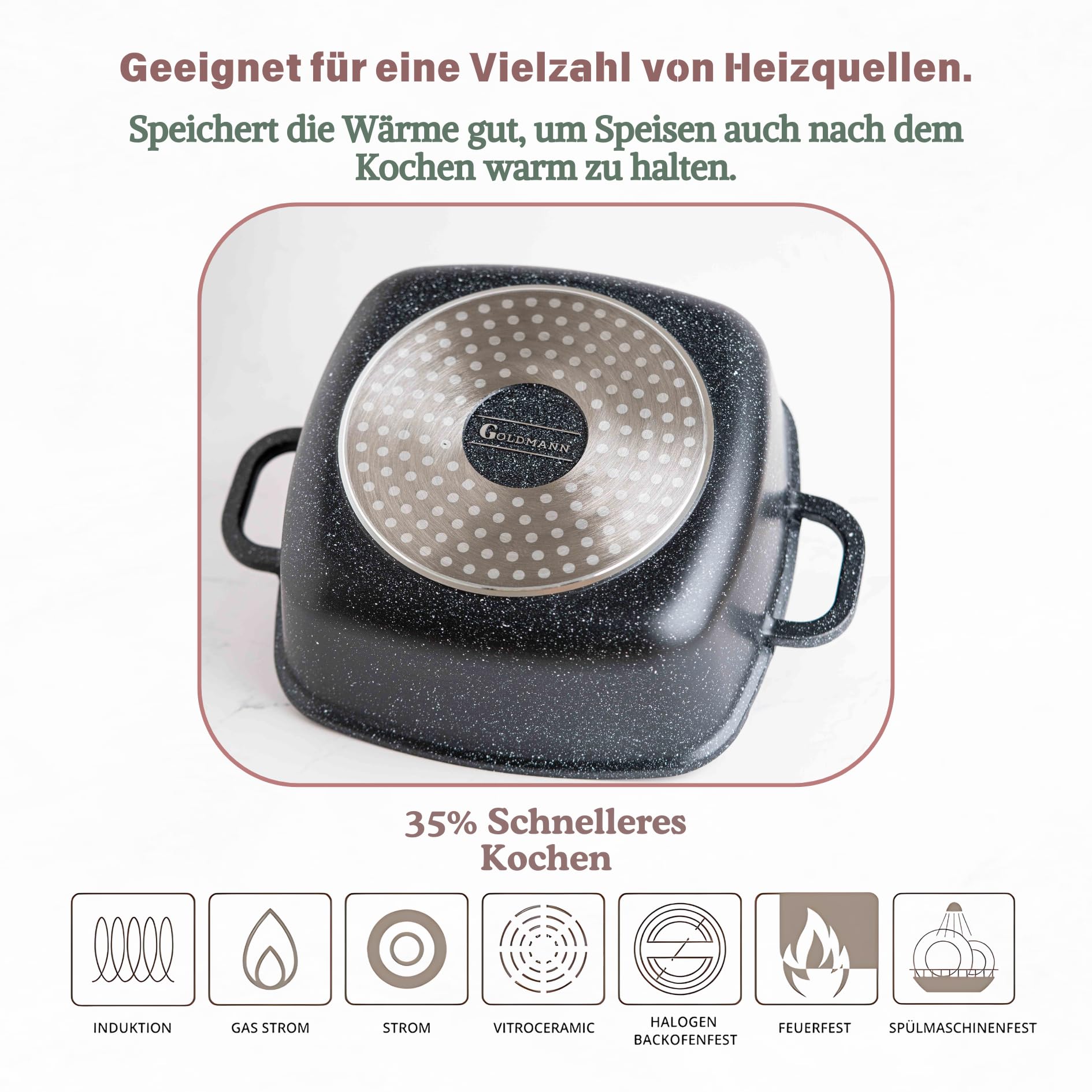 GOLDMANN 28x11 cm (6,5 l) quadratischer aus Aluminiumguss Bräter mit Glasdeckel – Antihaft-Marmorbeschichtung, geeignet für alle Herdarten inklusive Induktion & PFOA-frei