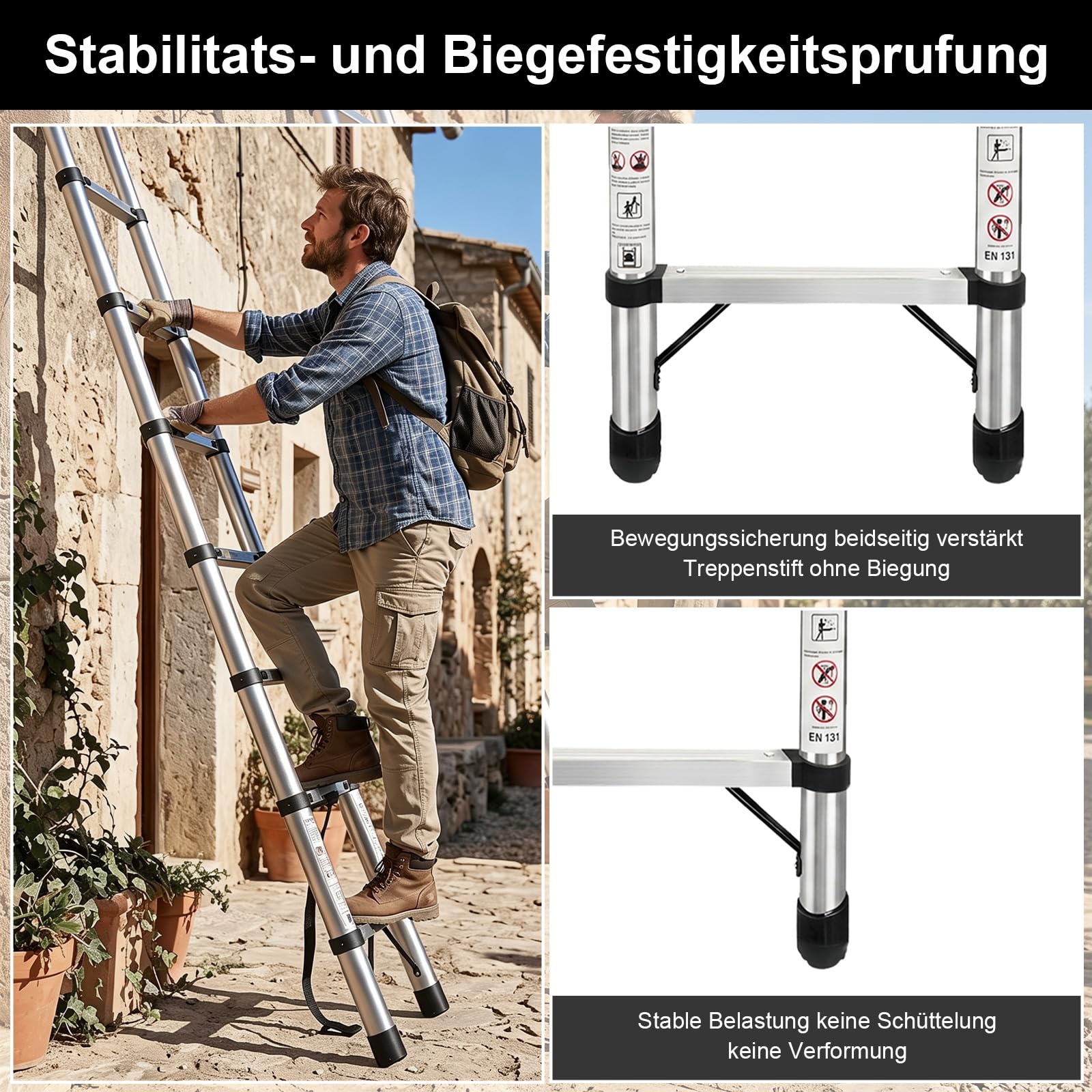 Échelle télescopique de 3,8m, échelle Extensible en Acier Inoxydable renforcé Anti-crochage, échelle Pliable Stable de 150 kg, échelle Pliable à Retrait Lent Anti-crevaison avec Manuel Complet