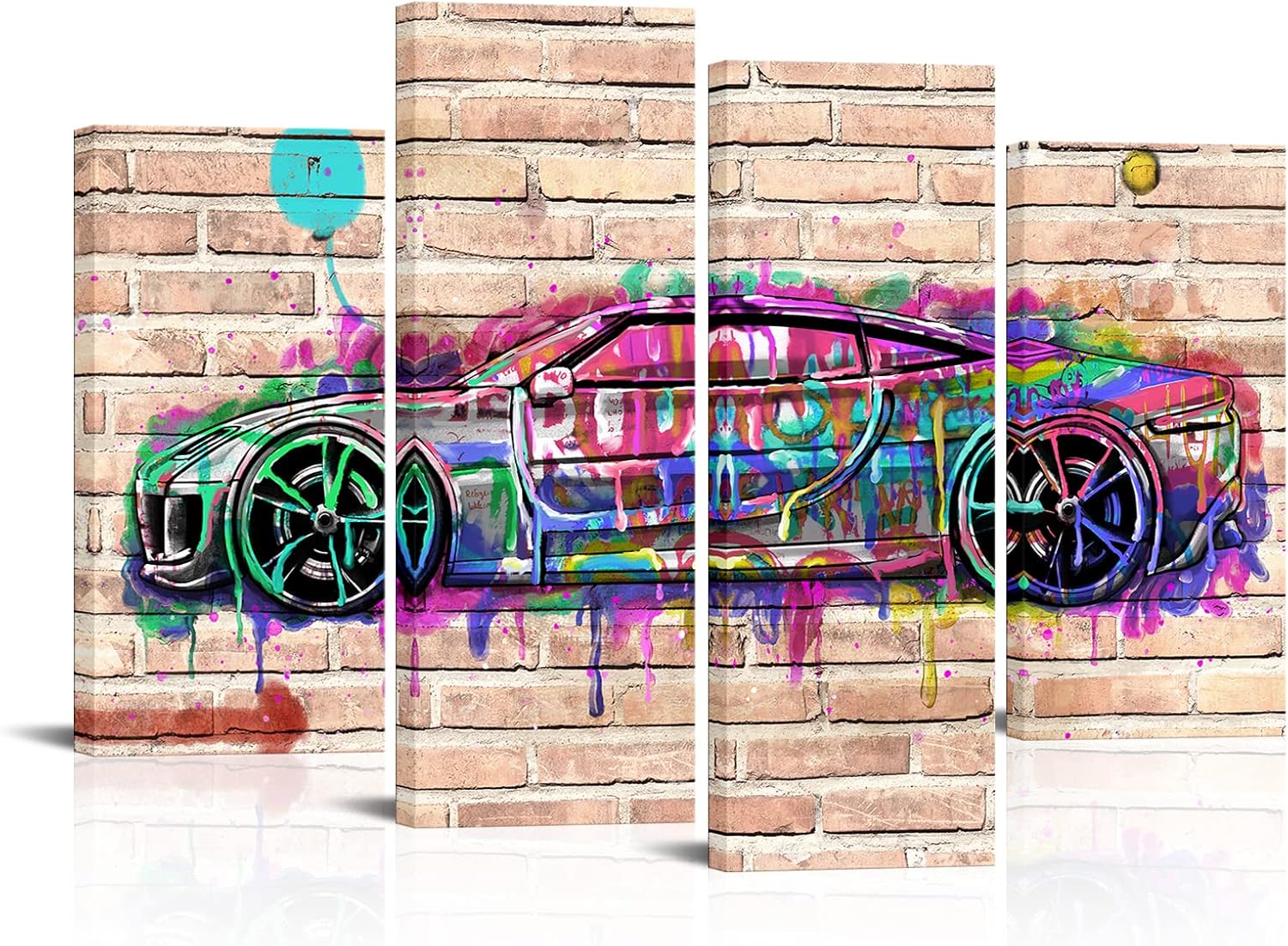 HOMEOART Graffiti Wall Art Car Wall Decor Picture Teen Boys Bedroom Decor Man Cave Decor Framed Ready to Hang Large 4 Panels Overall 48x34inch