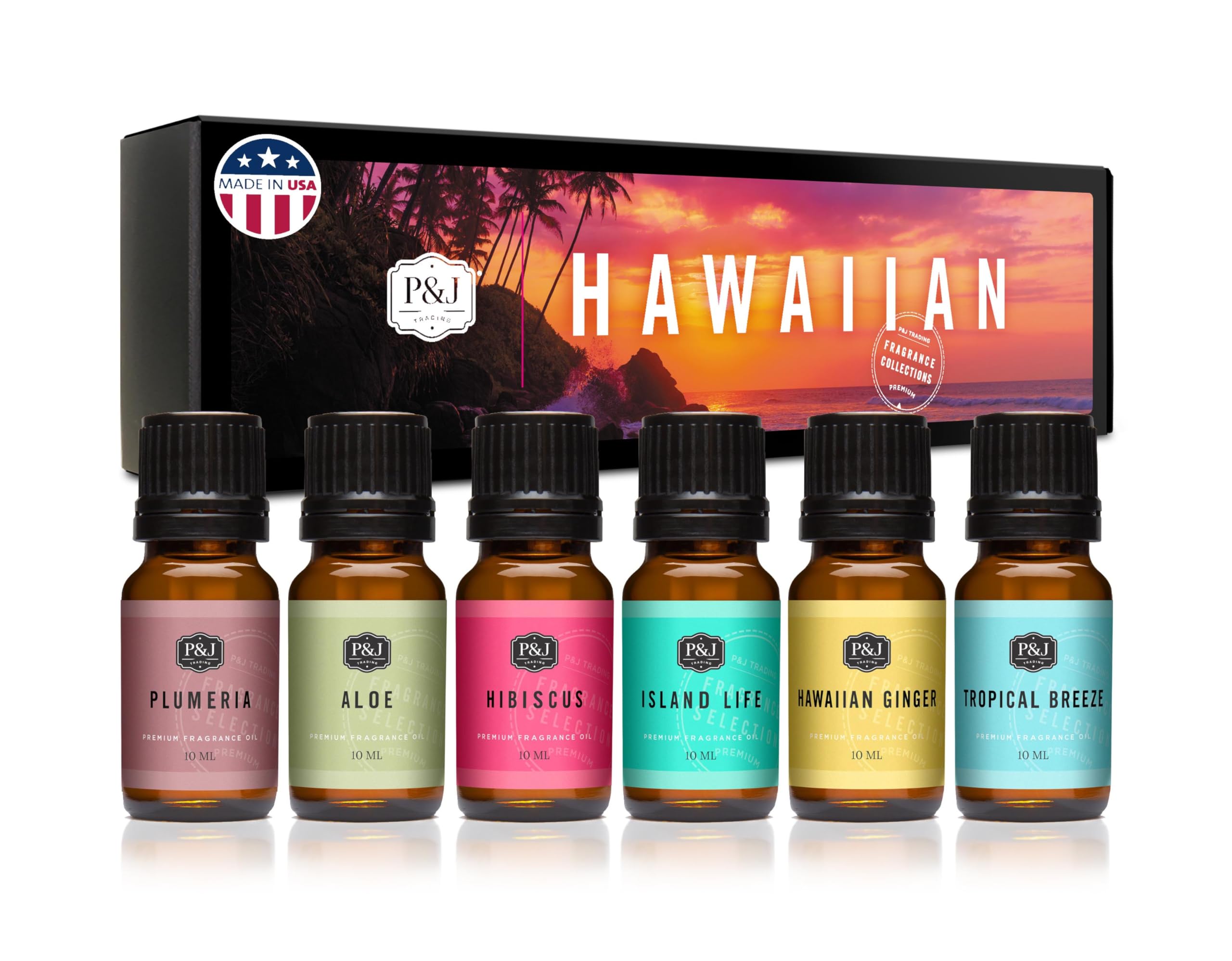 P&amp;J Trading Fragrance Oil Hawaiian Set | Hibiscus, Island Life, Hawaiian Ginger, Tropical Breeze, Plumeria, Aloe Scents for Candle Making, Freshie, Soap Making Supplies, Diffuser Oil Scents