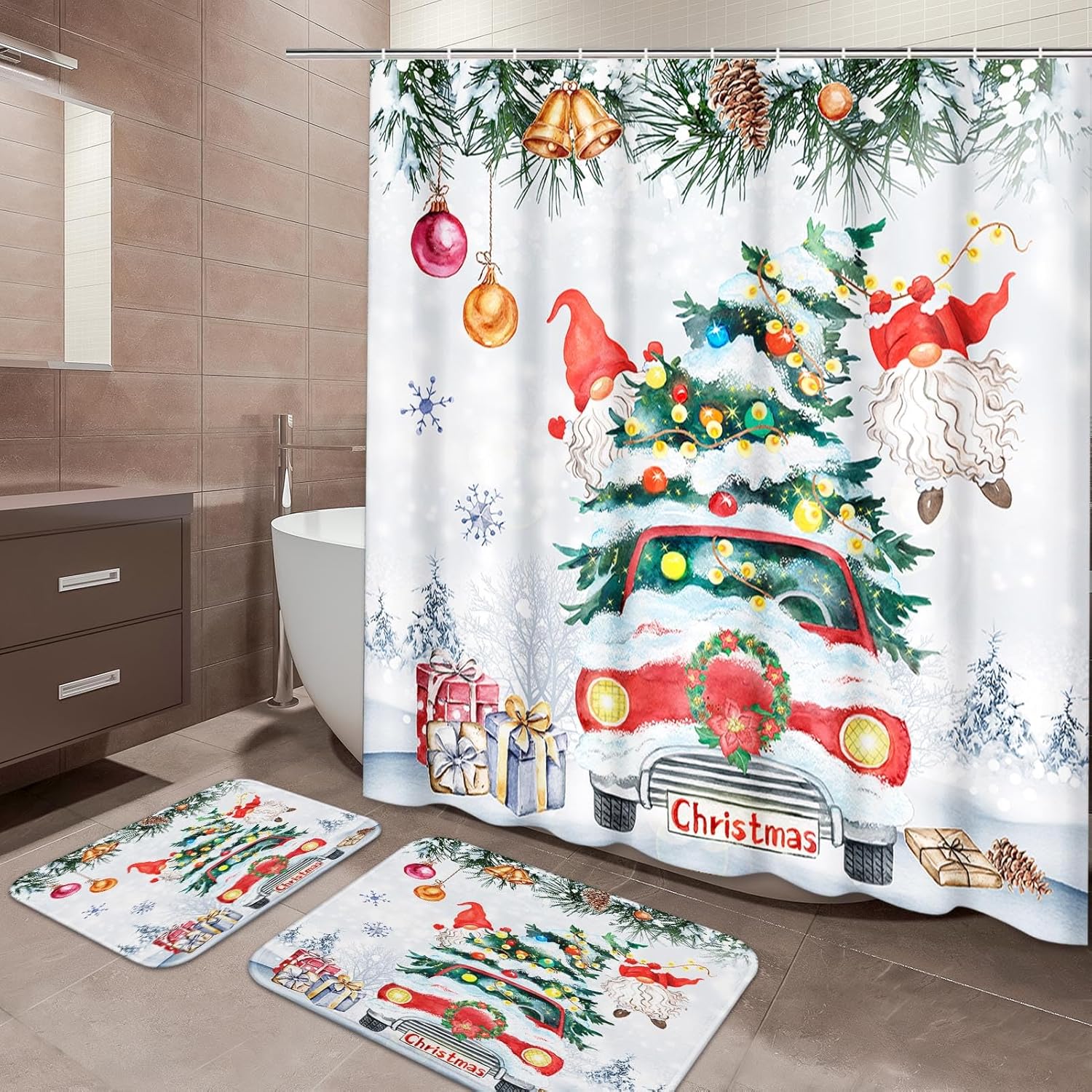 Christmas Truck Bathroom Sets with Shower Curtain and Rugs