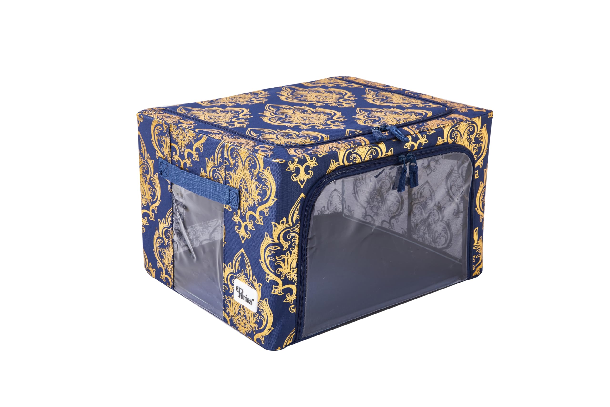 Periea ‘Beau’ Folding Collapsible Stackable Fabric Home Storage Boxes with Steel Frames (Metallic Damask, Small)