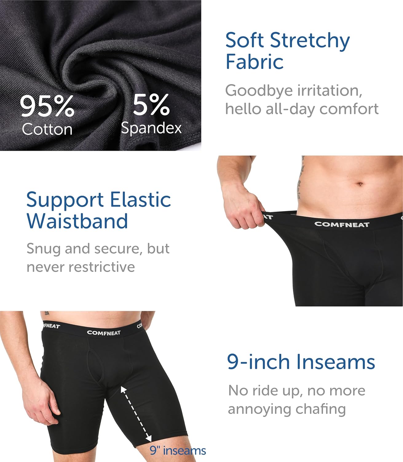Comfneat Men's 9" Long Leg Cotton Boxer Briefs Stretchy Comfy Underwear 4-Pack - Image 4