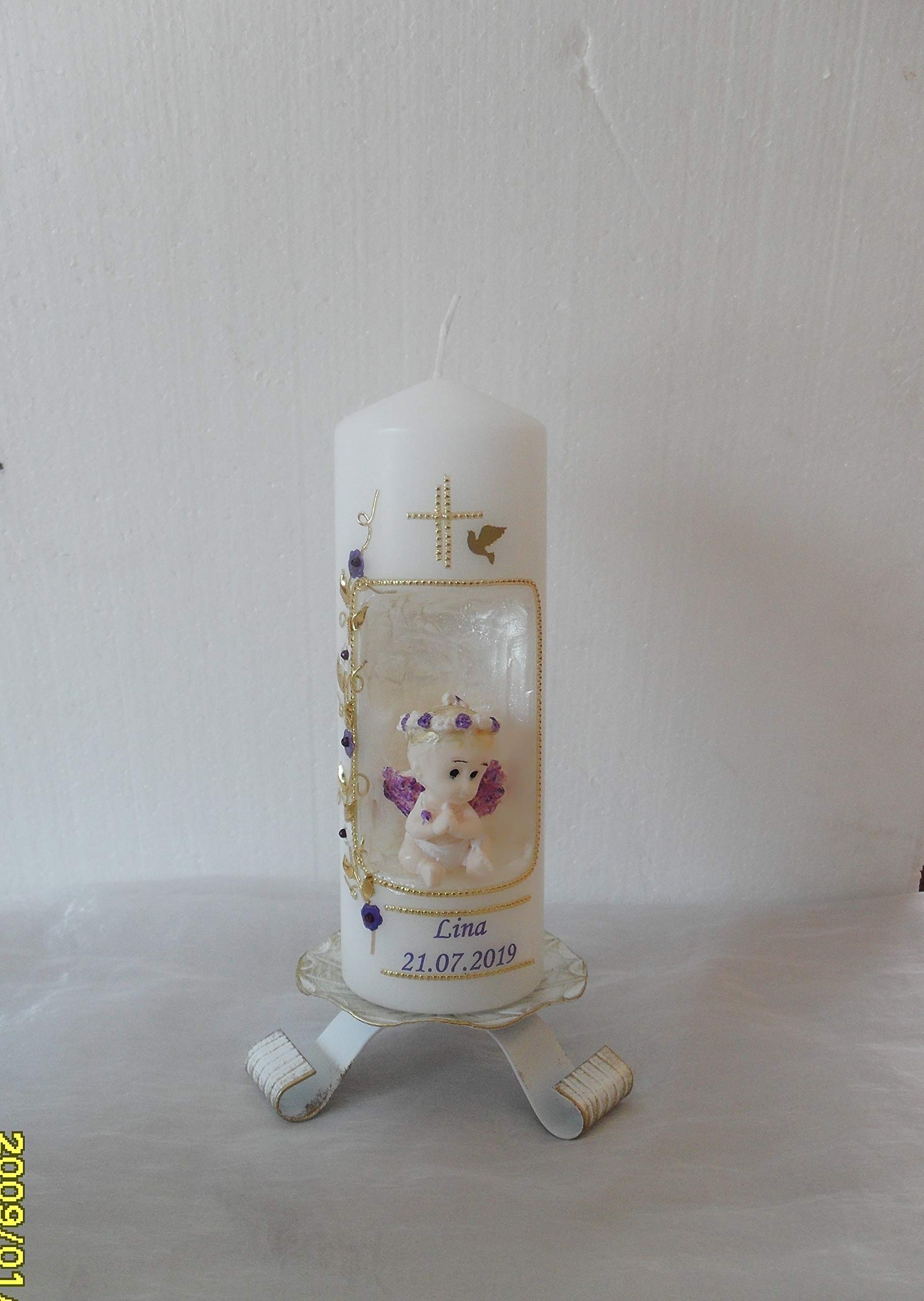 Taufkerze/Kommunionkerze,Konfirmationskerze, Patenkerze,Taufgeschenk 3D Engel inkl.Name,Datum Junge Mädchen