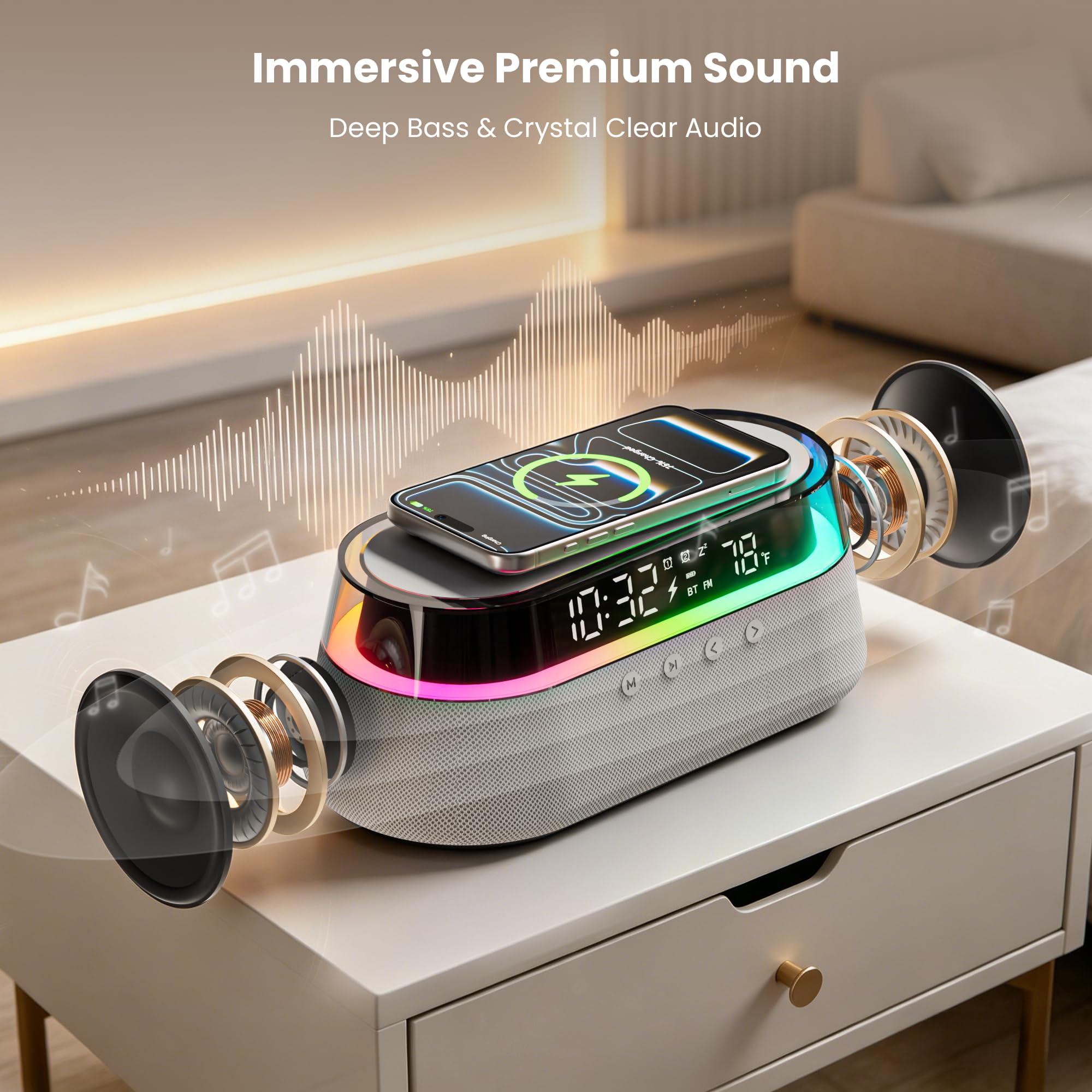 Altoparlante Bluetooth con Sveglia Caricatore Wireless 15W con Telecomando | Doppia Sveglia con Radio, Funzione Snooze e Luce Notturna per la Camera da Letto o l'ufficio Regalo Uomo Donne