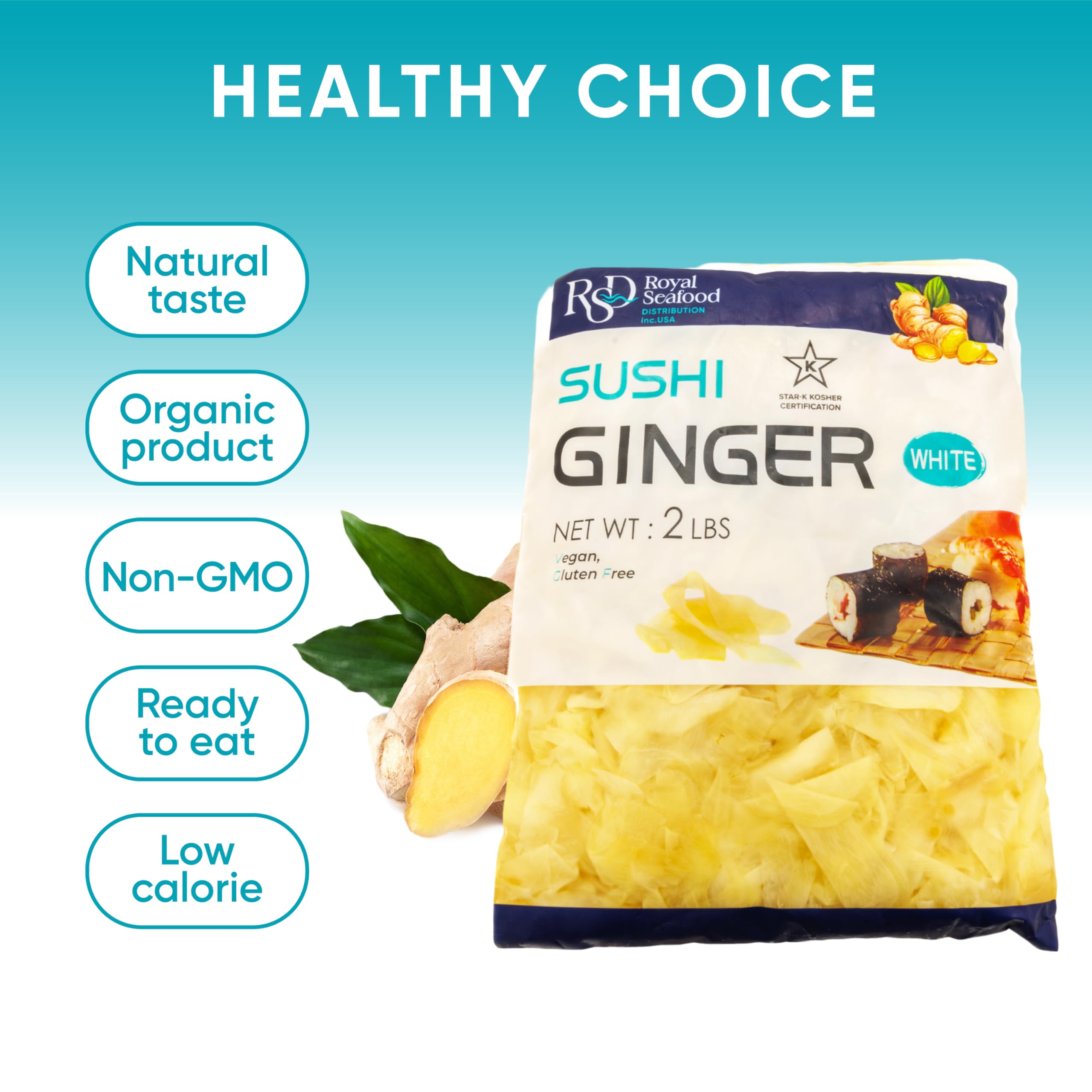 RSD Premium Pickled Sushi Ginger - 2 lb White Gari - Japanese Pickled Ginger for Sushi - Vegan, Kosher, Gluten Free - Sushi Ingredients and Toppings - Organic, Sugar-Free Ginger Slices for Asian Food