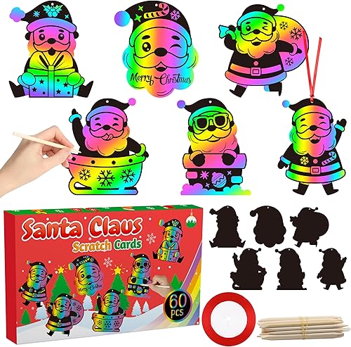 CY2SIDE Juego de 60 tarjetas de Navidad de Santa Claus Rainbow Color Scratch para niños, DIY Papá Noel, arco iris, arañar, decoración de Navidad,