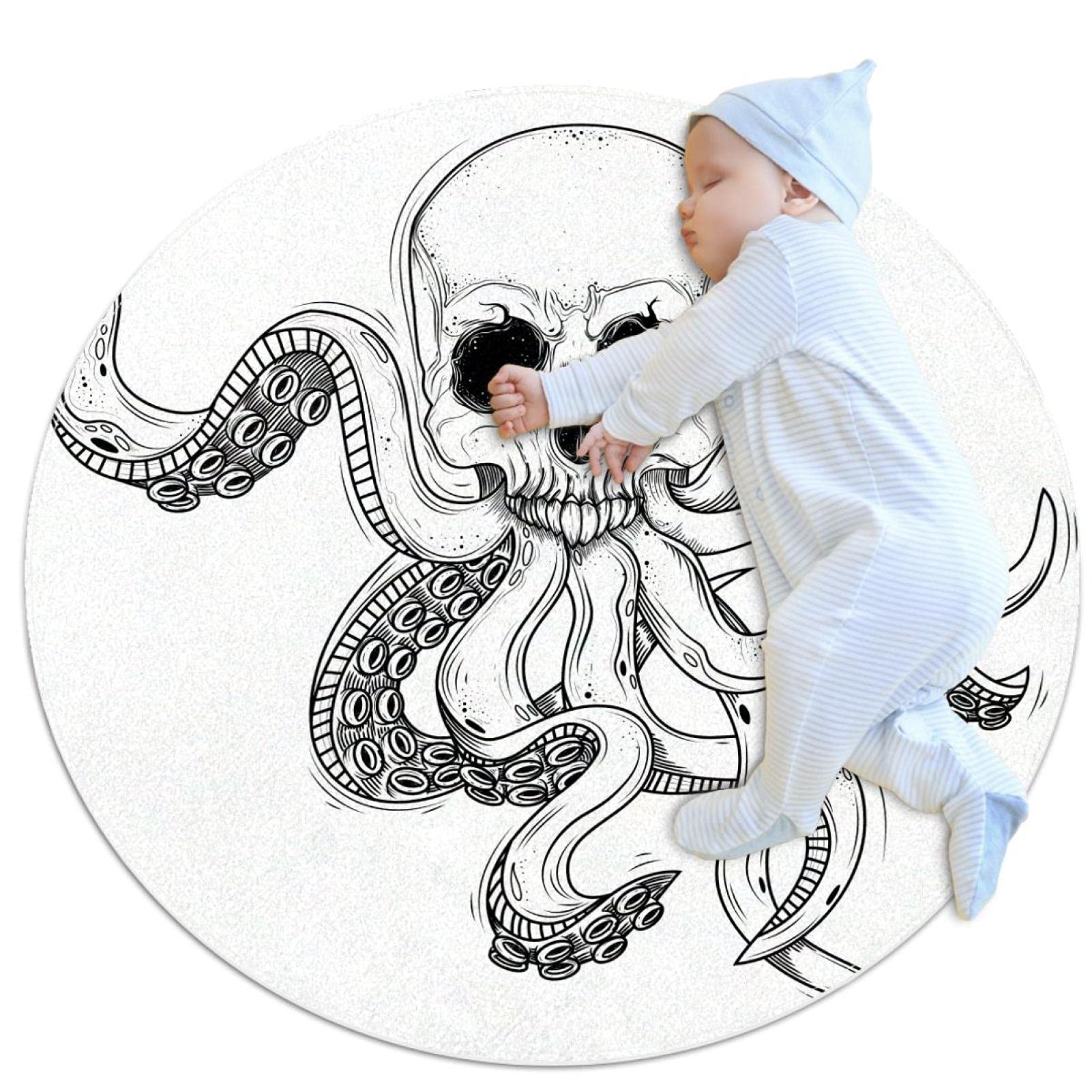 Tapis de salle de bain antidérapant et sécurisé motif tête de mort blanc rond pour chambre 1m