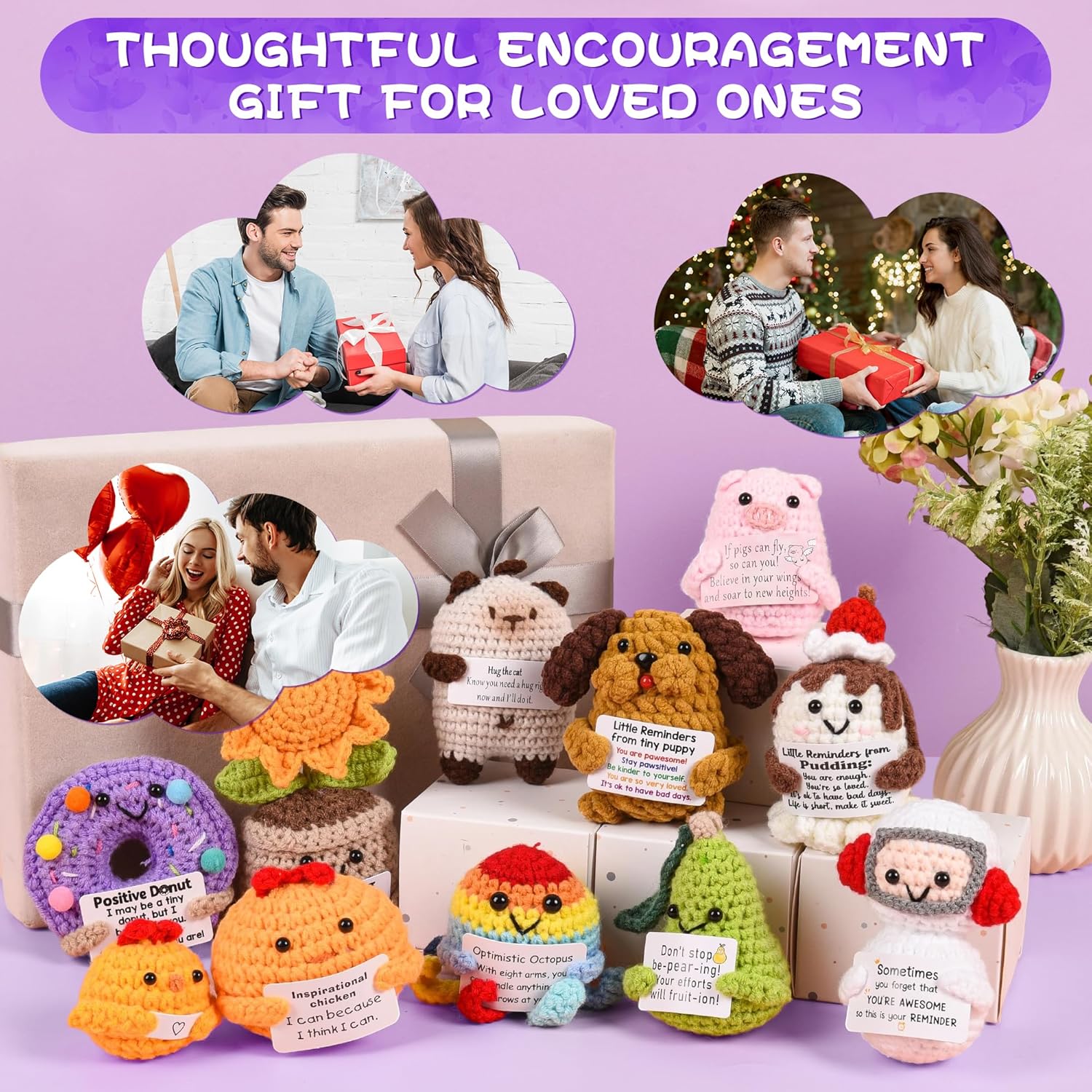 24PCS Positive Crochet Animals, 24 Days of Countdown Handmade Emotional Support Crochet with Positive Card, Inspirational Gifts for Christmas,Birthday,Women, Men,Employee Appreciation Gifts Bulk