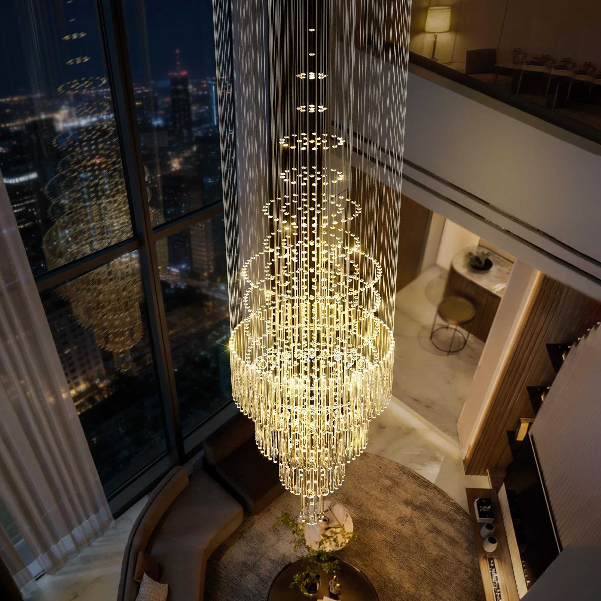 - Flashing God D32''X H110'' Large Crystal Chandeliers for High Ceiling Modern Gold Raindrop Chandelier Stairway Chandelier Crystal Flush Mount Ceiling Light for Living Room Staircaes Foyer